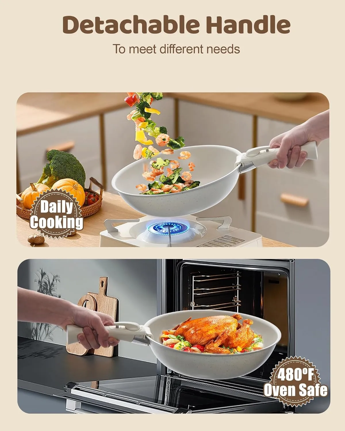 Nonstick Pots and Pans Set, Ceramic Cookware with Detachable Handle, Space-Saving Design, Cookware Set with Collapsible Dish Basin, Food Thermometer, Peeler, and More, Oven Safe