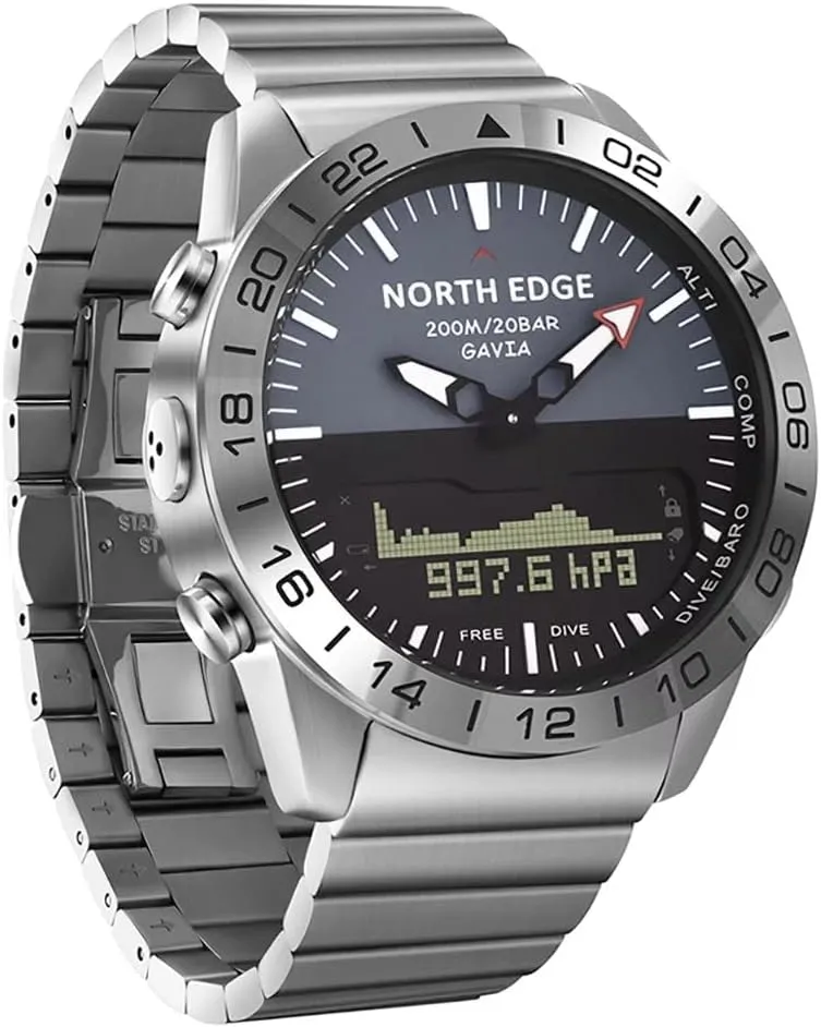 NORTH EDGE GAVIA Pilot Watch Luxury Stainless Steel Analog Digital Watches for Men Altimeter Compass Outdoor Sports Business Casual Watch Waterproof 200m