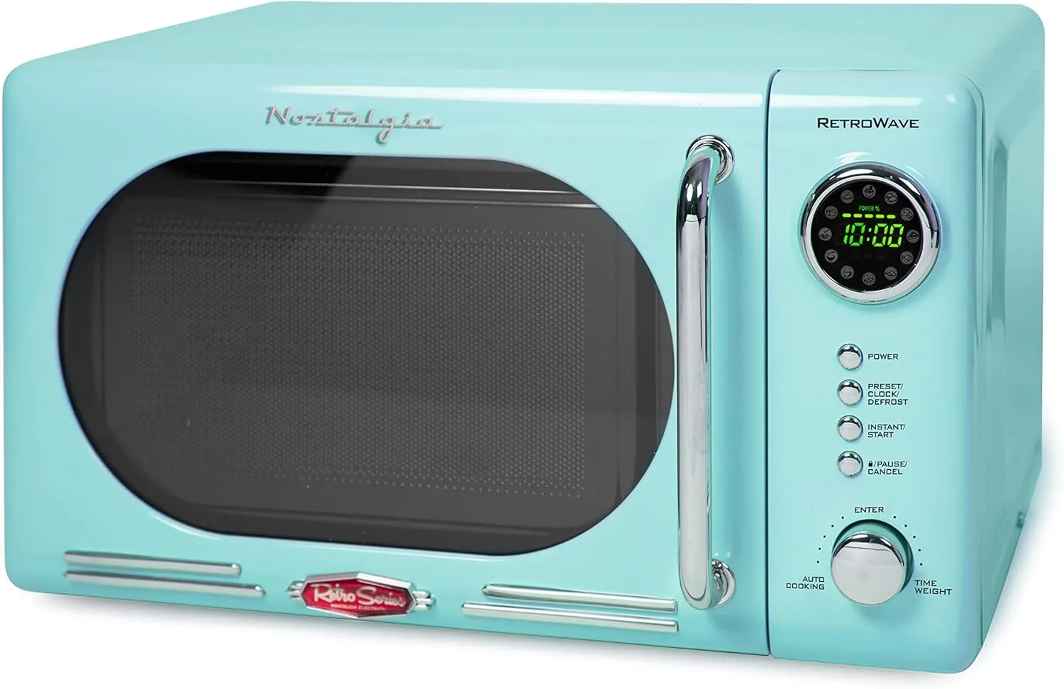 Nostalgia Retro Compact Countertop Microwave Oven, 0.7 Cu. Ft. 700-Watts with LED Digital Display & Retro Wide 2-Slice Toaster, Vintage Design With Crumb Tray, Cord Storage & 5 Toasting Levels, Aqua