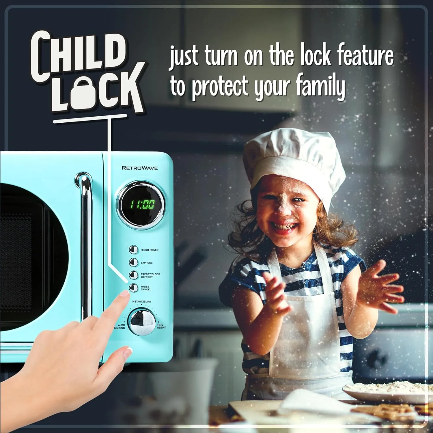 Nostalgia Retro Compact Countertop Microwave Oven, 0.7 Cu. Ft. 700-Watts with LED Digital Display, Child Lock, Easy Clean Interior, Aqua