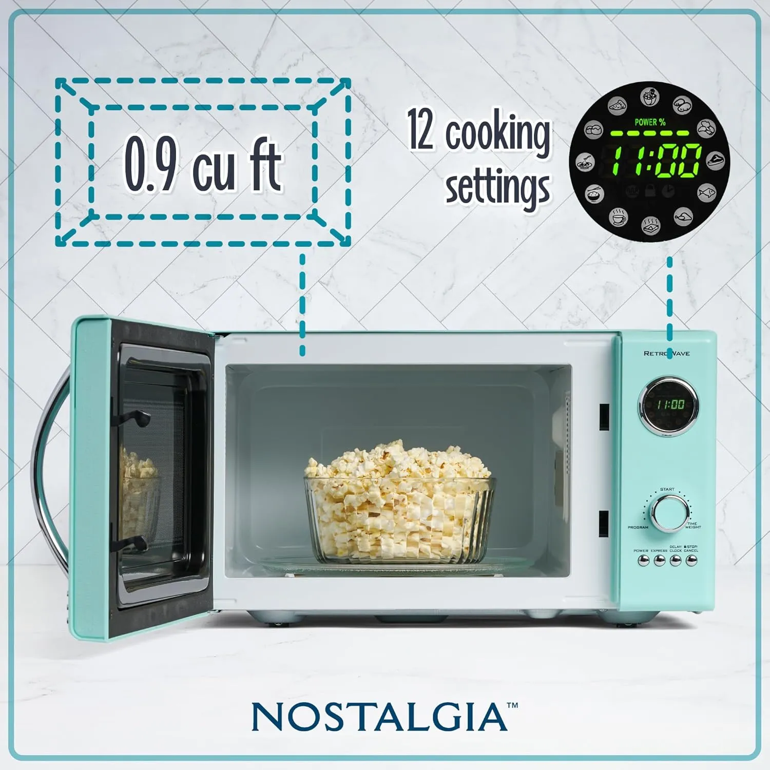 Nostalgia Retro Countertop Microwave Oven - Large 800-Watt - 0.9 cu ft - 12 Pre-Programmed Cooking Settings - Digital Clock - Kitchen Appliances - Aqua