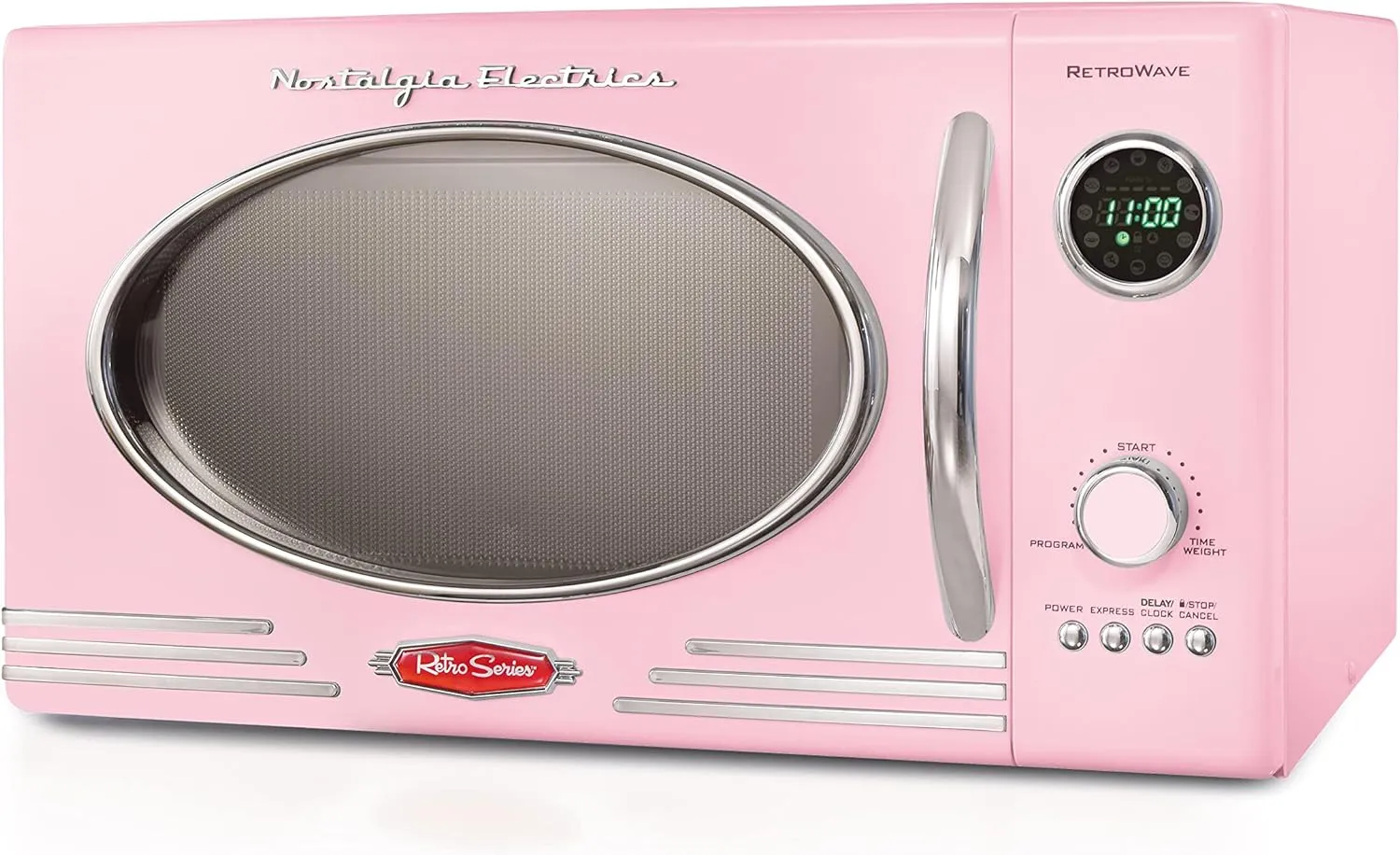 Nostalgia Retro Countertop Microwave Oven - Large 800-Watt - 0.9 cu ft - 12 Pre-Programmed Cooking Settings - Digital Clock - Kitchen Appliances - Pink & Retro Wide 2-Slice Toaster, Vintage Design