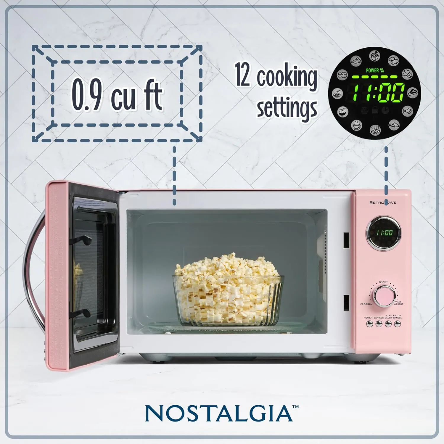Nostalgia Retro Countertop Microwave Oven - Large 800-Watt - 0.9 cu ft - 12 Pre-Programmed Cooking Settings - Digital Clock - Kitchen Appliances - Pink