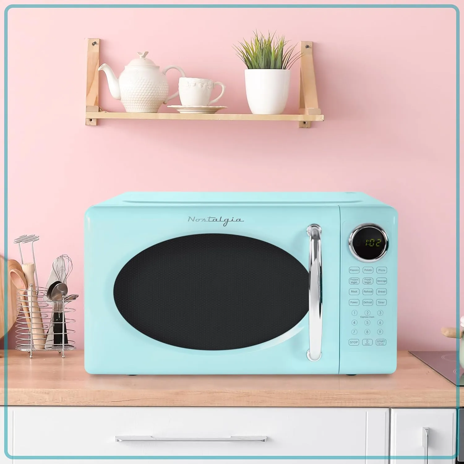 Nostalgia Retro Microwave Oven 0.7 Cu Ft, 700-Watt Countertop Size with Glass Turntable, Child Safety Lock, 8 Auto-Cook Programs, Digital Clock, Aqua