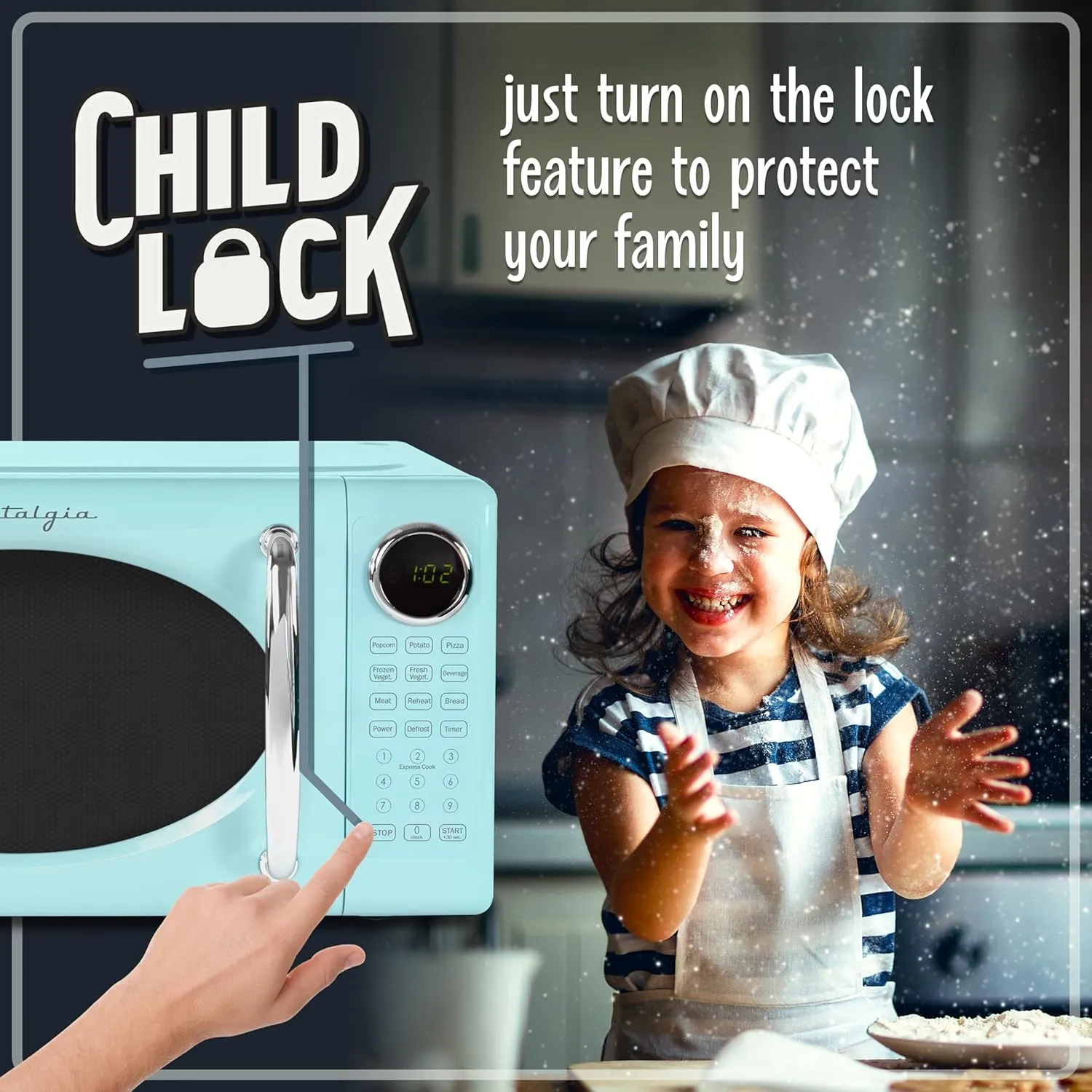 Nostalgia Retro Microwave Oven 0.7 Cu Ft, 700-Watt Countertop Size with Glass Turntable, Child Safety Lock, 8 Auto-Cook Programs, Digital Clock, Aqua