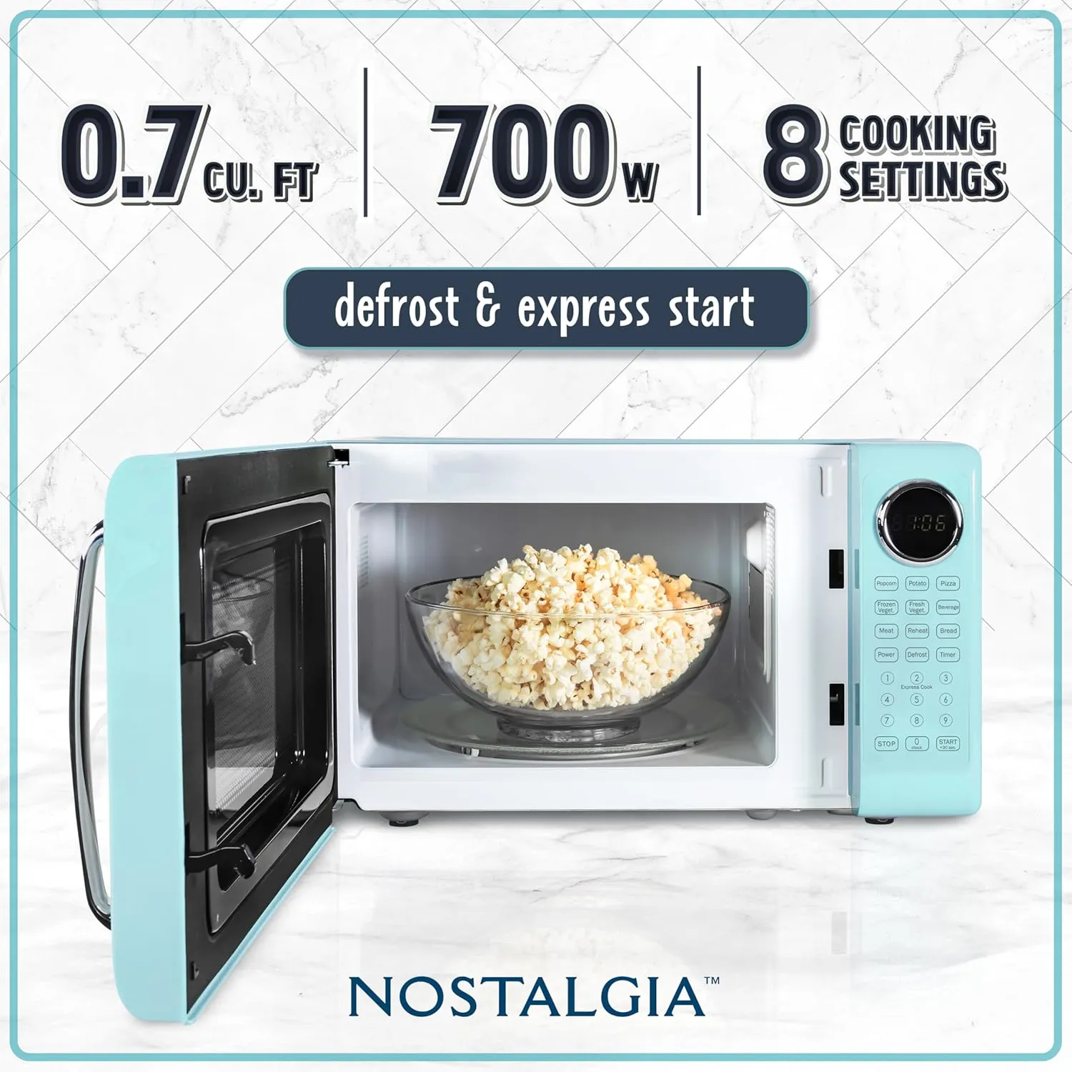 Nostalgia Retro Microwave Oven 0.7 Cu Ft, 700-Watt Countertop Size with Glass Turntable, Child Safety Lock, 8 Auto-Cook Programs, Digital Clock, Aqua