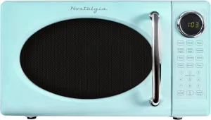 Nostalgia Retro Microwave Oven 0.7 Cu Ft, 700-Watt Countertop Size with Glass Turntable, Child Safety Lock, 8 Auto-Cook Programs, Digital Clock, Aqua