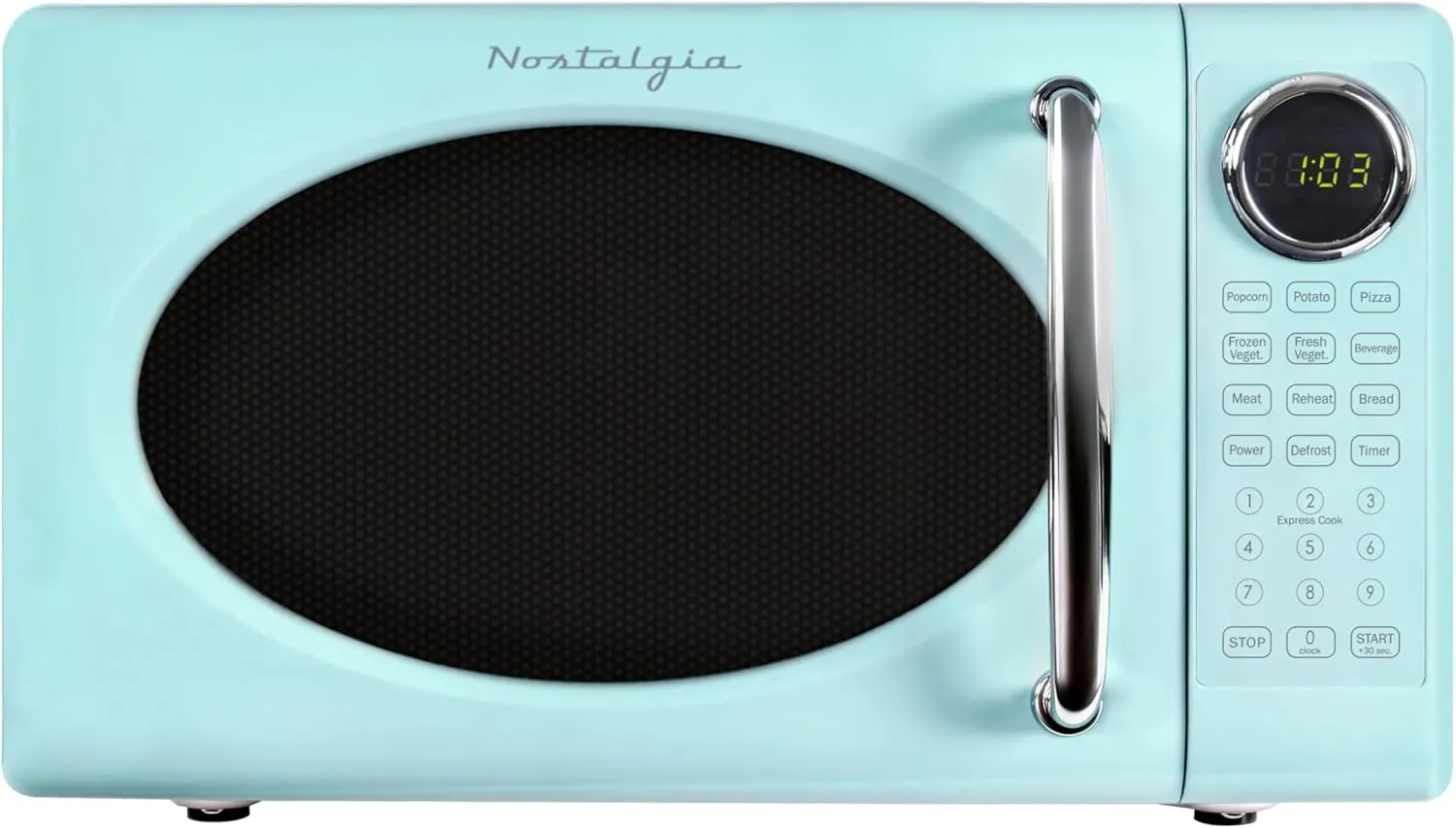 Nostalgia Retro Microwave Oven 0.7 Cu Ft, 700-Watt Countertop Size with Glass Turntable, Child Safety Lock, 8 Auto-Cook Programs, Digital Clock, Aqua