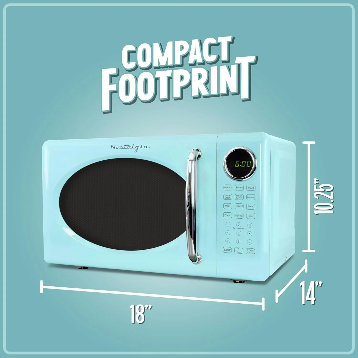 Nostalgia Retro Microwave Oven 0.7 Cu Ft, 700-Watt Countertop Size with Glass Turntable, Child Safety Lock, 8 Auto-Cook Programs, Digital Clock, Aqua