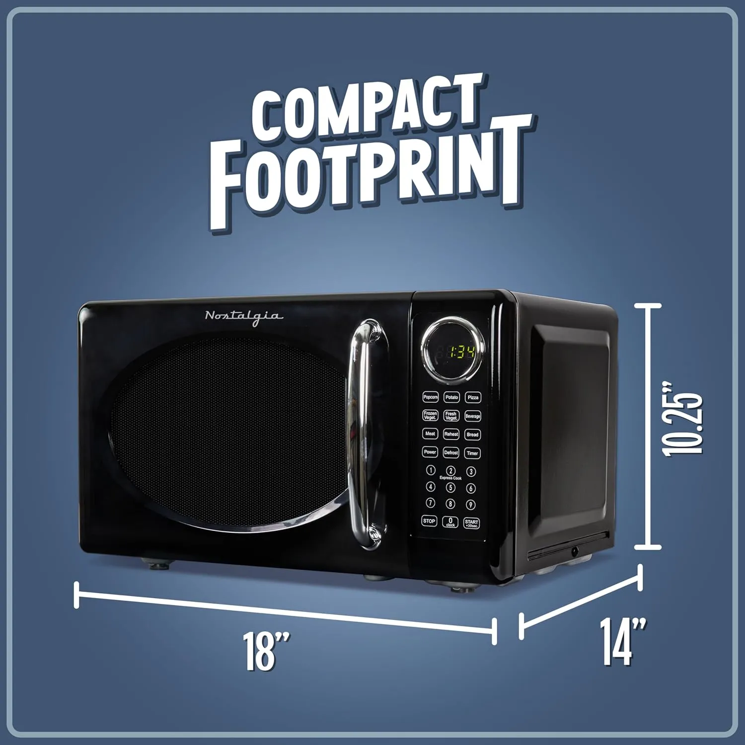 Nostalgia Retro Microwave Oven 0.7 Cu Ft, 700-Watt Countertop Size with Glass Turntable, Child Safety Lock, 8 Auto-Cook Programs, Digital Clock, Black