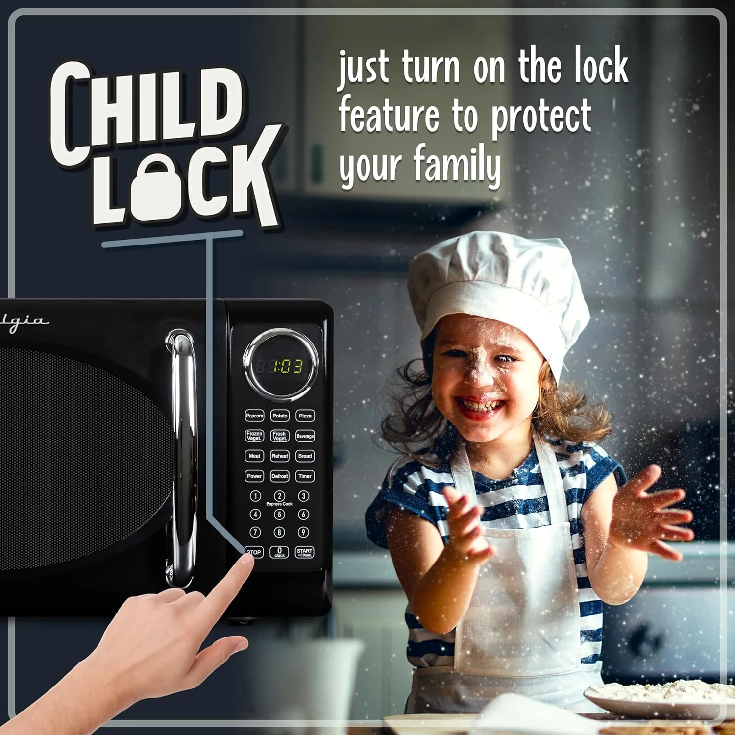 Nostalgia Retro Microwave Oven 0.7 Cu Ft, 700-Watt Countertop Size with Glass Turntable, Child Safety Lock, 8 Auto-Cook Programs, Digital Clock, Black