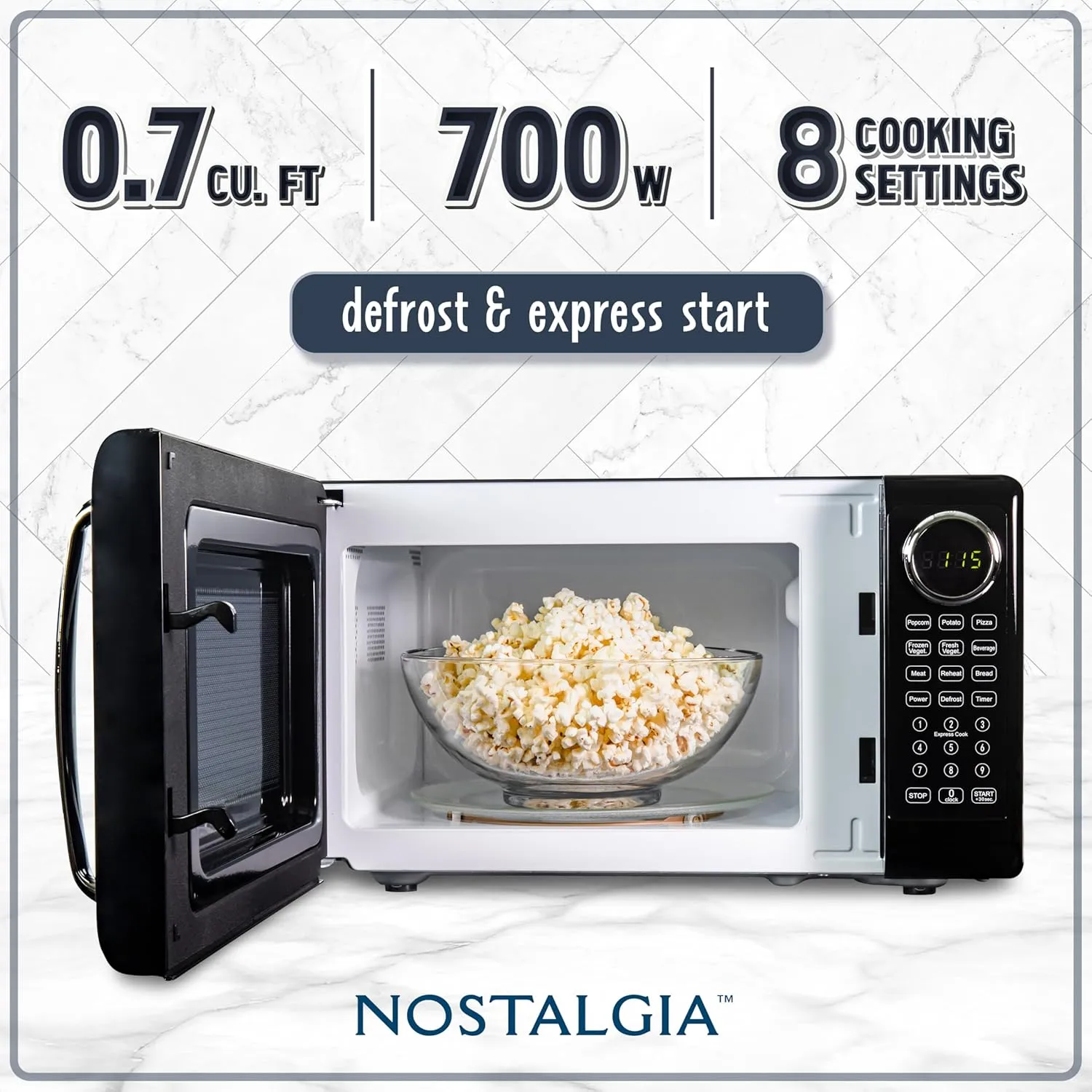 Nostalgia Retro Microwave Oven 0.7 Cu Ft, 700-Watt Countertop Size with Glass Turntable, Child Safety Lock, 8 Auto-Cook Programs, Digital Clock, Black