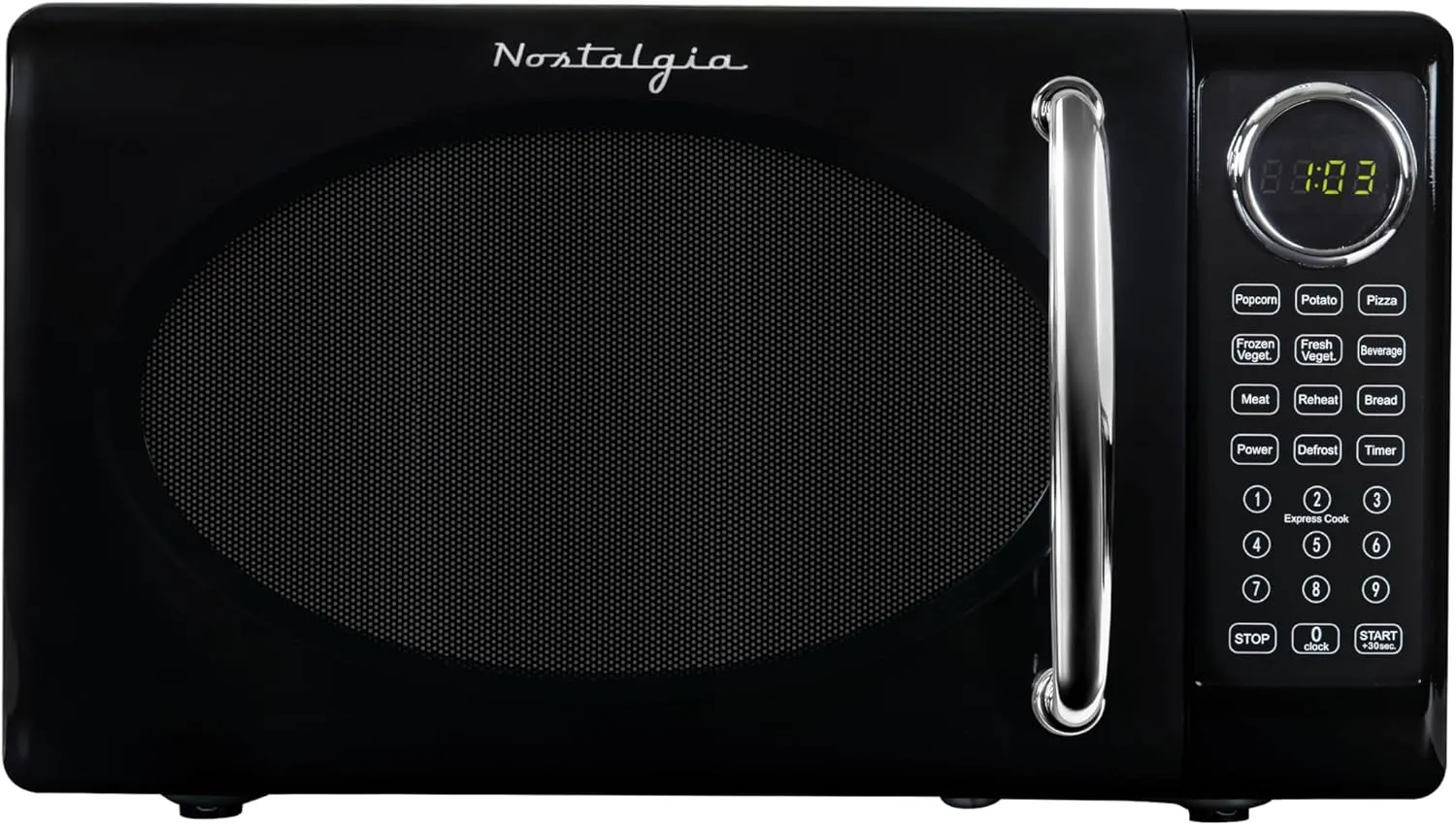 Nostalgia Retro Microwave Oven 0.7 Cu Ft, 700-Watt Countertop Size with Glass Turntable, Child Safety Lock, 8 Auto-Cook Programs, Digital Clock, Black