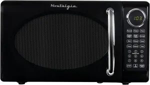 Nostalgia Retro Microwave Oven 0.7 Cu Ft, 700-Watt Countertop Size with Glass Turntable, Child Safety Lock, 8 Auto-Cook Programs, Digital Clock, Black