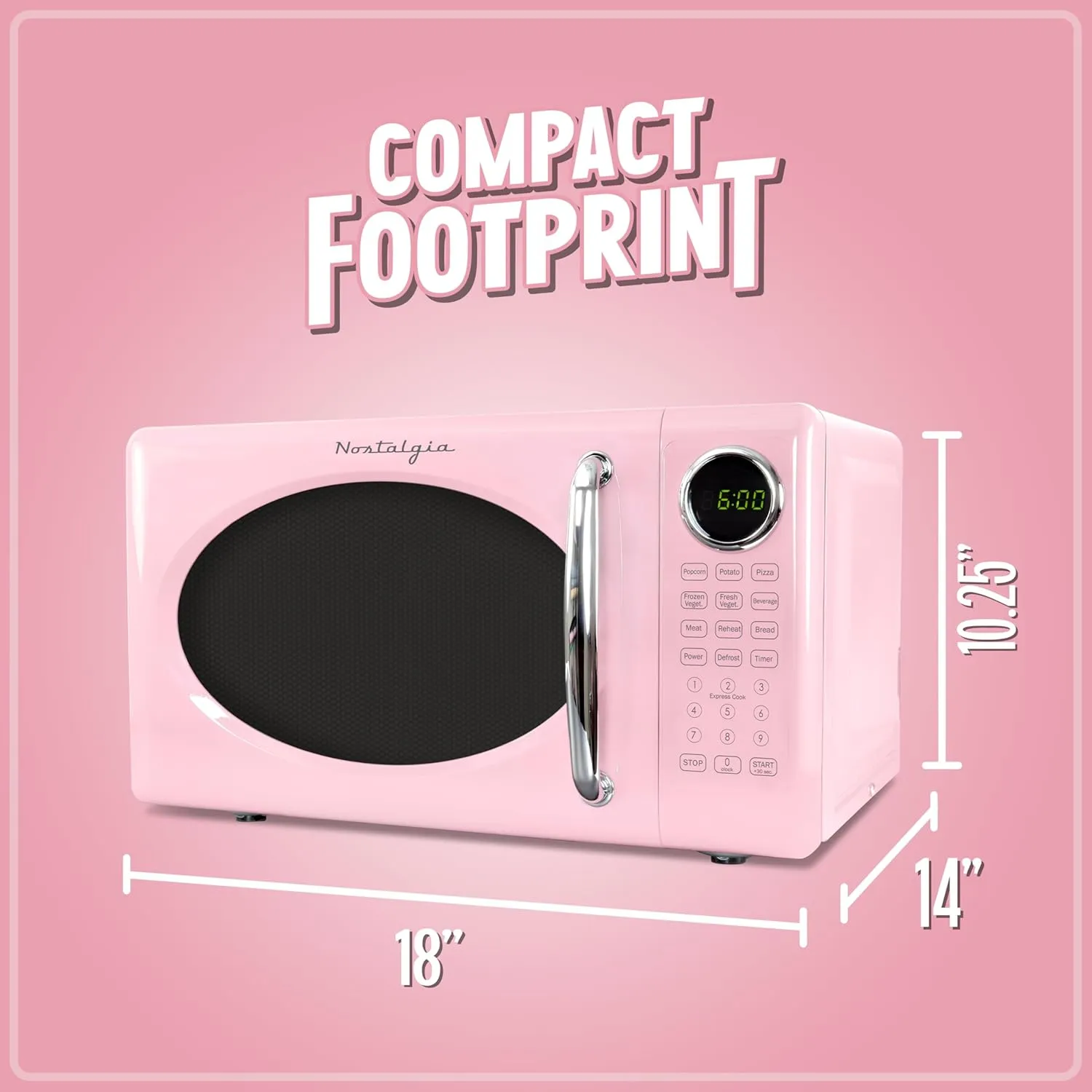 Nostalgia Retro Microwave Oven 0.7 Cu Ft, 700-Watt Countertop Size with Glass Turntable, Child Safety Lock, 8 Auto-Cook Programs, Digital Clock, Pink