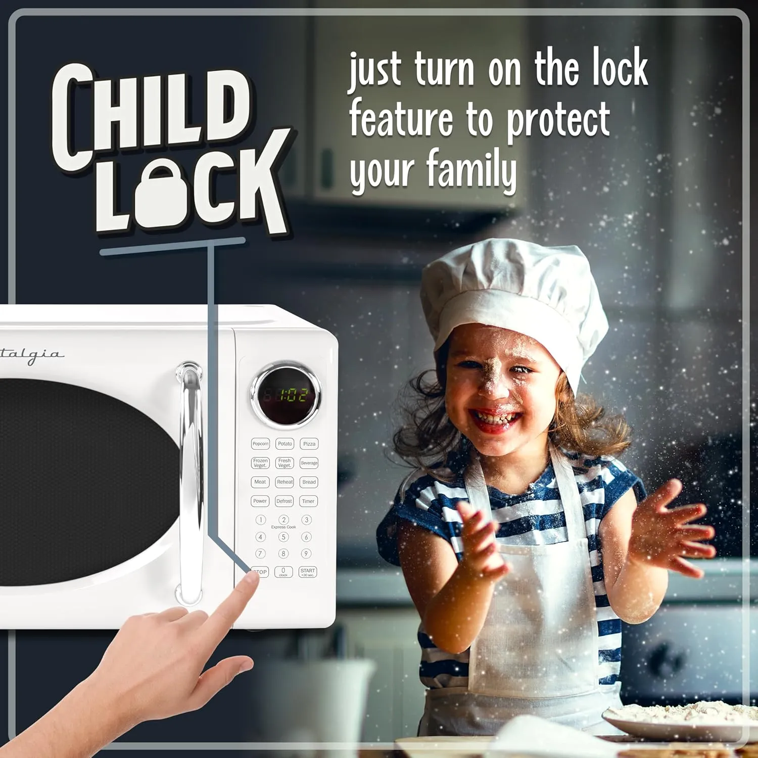 Nostalgia Retro Microwave Oven 0.7 Cu Ft, 700-Watt Countertop Size with Glass Turntable, Child Safety Lock, 8 Auto-Cook Programs, Digital Clock, White