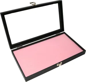 Novel Box Ring Display Glass Case Black 14.75x8.25x2.1 Inches with 72-Slot Pink Ring Foam Insert - Travel Ring Case with Metal Clasp - Jewelry Box to Keep Rings Dust Free & Secure
