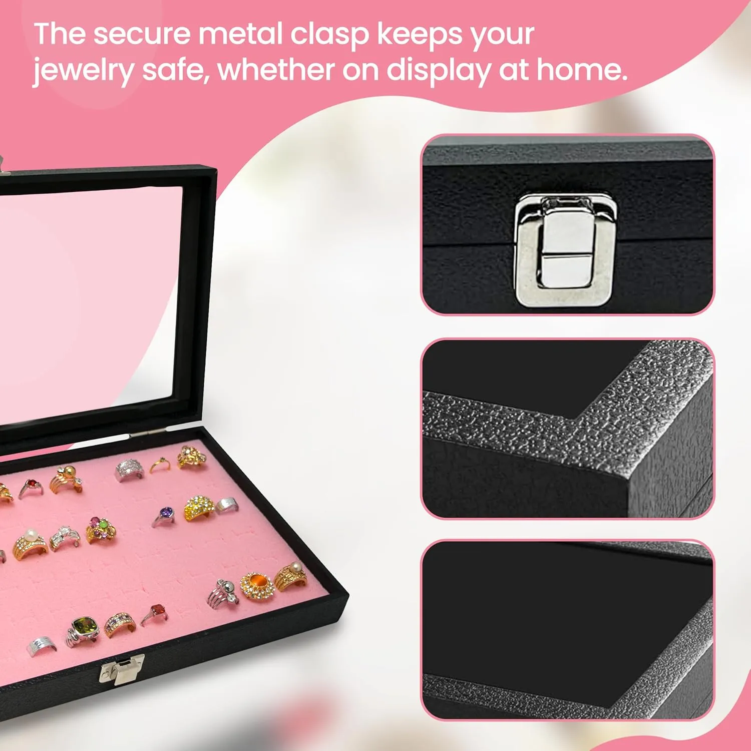 Novel Box Ring Display Glass Case Black 14.75x8.25x2.1 Inches with 72-Slot Pink Ring Foam Insert - Travel Ring Case with Metal Clasp - Jewelry Box to Keep Rings Dust Free & Secure