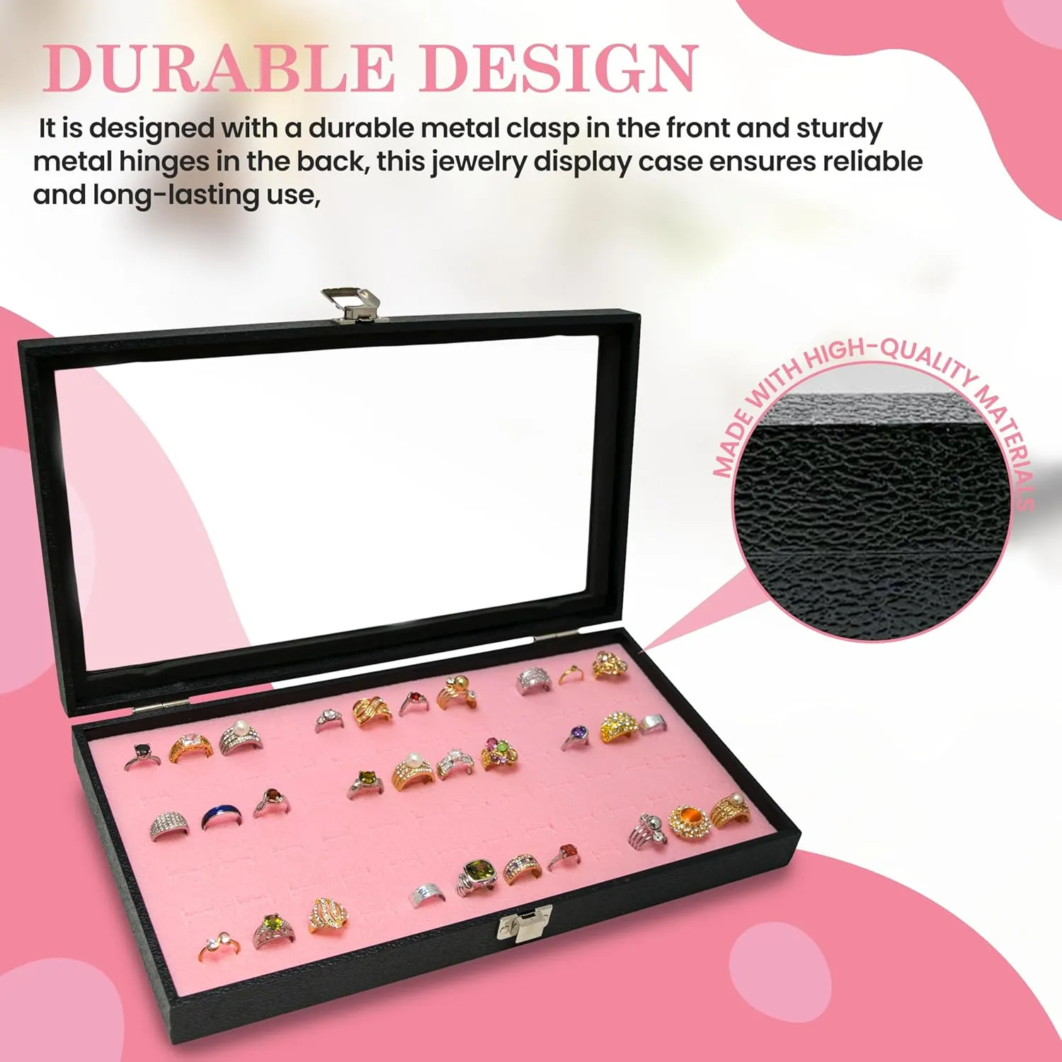 Novel Box Ring Display Glass Case Black 14.75x8.25x2.1 Inches with 72-Slot Pink Ring Foam Insert - Travel Ring Case with Metal Clasp - Jewelry Box to Keep Rings Dust Free & Secure