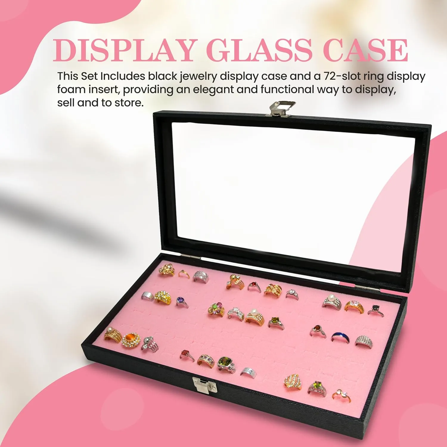 Novel Box Ring Display Glass Case Black 14.75x8.25x2.1 Inches with 72-Slot Pink Ring Foam Insert - Travel Ring Case with Metal Clasp - Jewelry Box to Keep Rings Dust Free & Secure