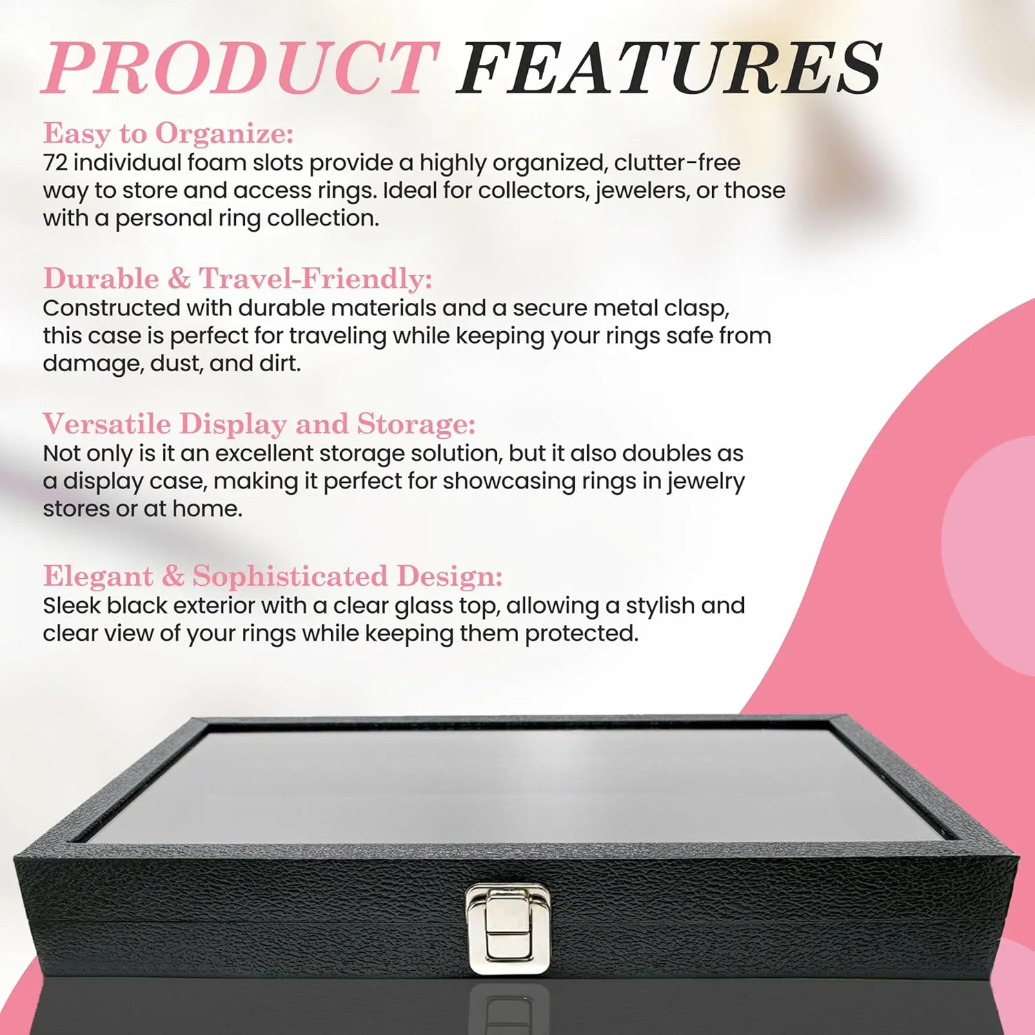 Novel Box Ring Display Glass Case Black 14.75x8.25x2.1 Inches with 72-Slot Pink Ring Foam Insert - Travel Ring Case with Metal Clasp - Jewelry Box to Keep Rings Dust Free & Secure