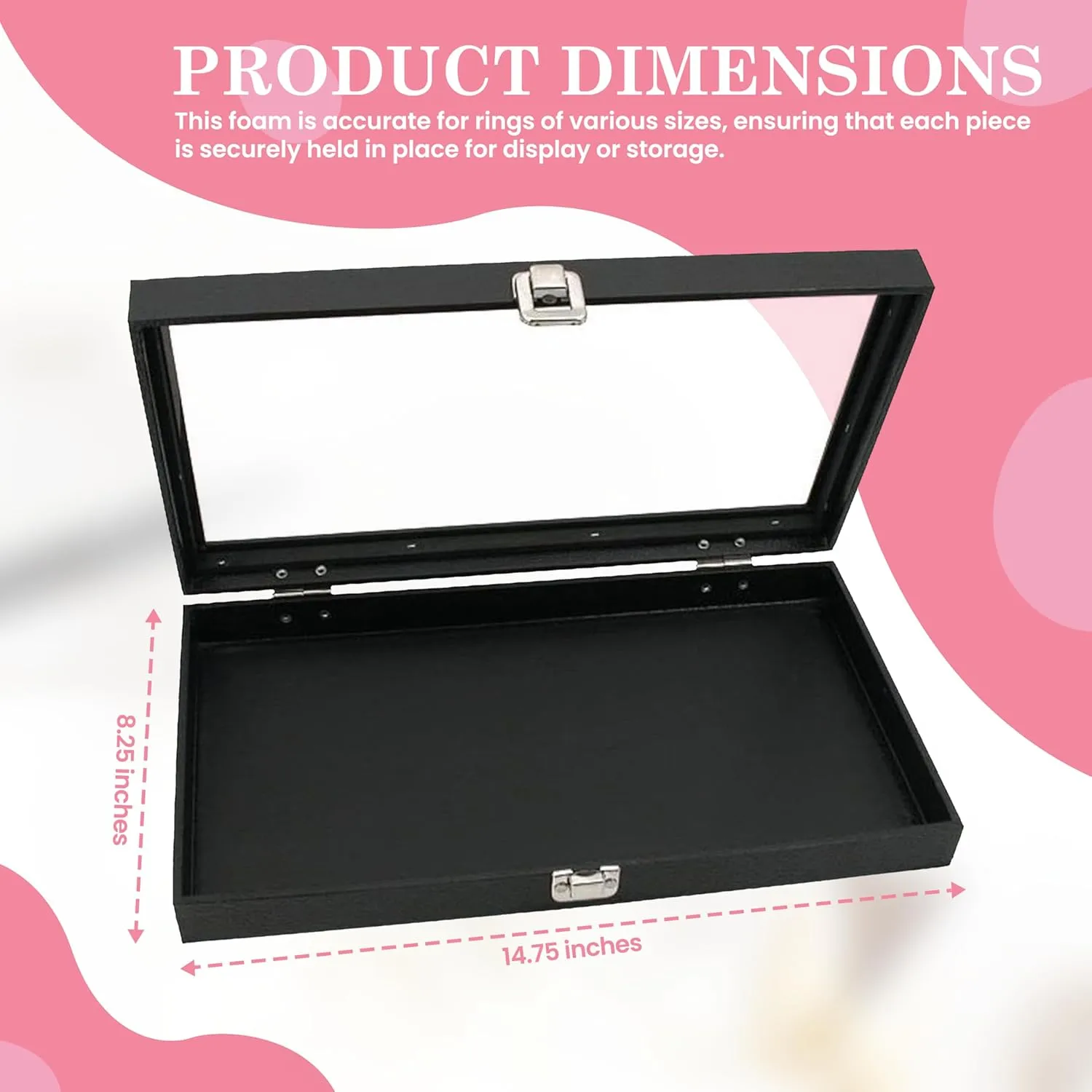 Novel Box Ring Display Glass Case Black 14.75x8.25x2.1 Inches with 72-Slot Pink Ring Foam Insert - Travel Ring Case with Metal Clasp - Jewelry Box to Keep Rings Dust Free & Secure
