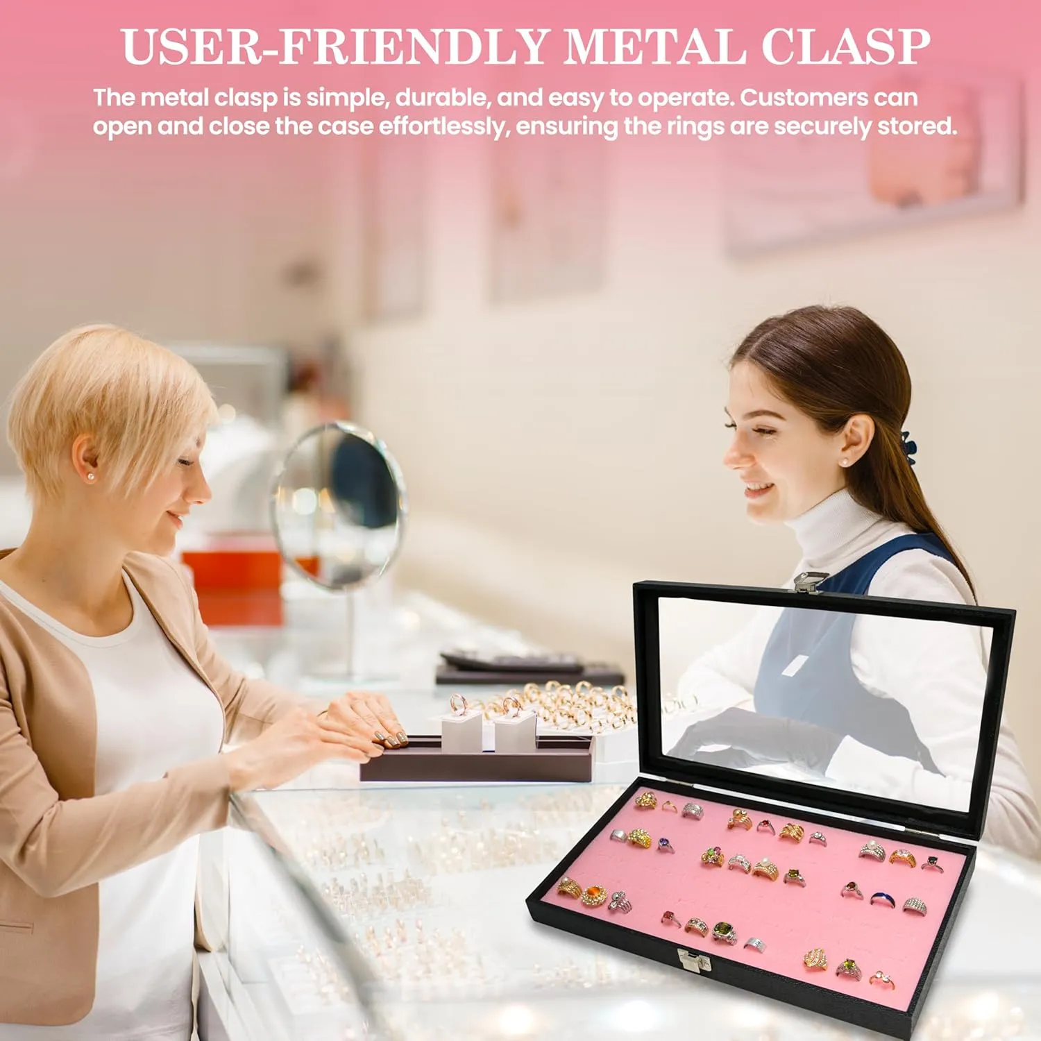 Novel Box Ring Display Glass Case Black 14.75x8.25x2.1 Inches with 72-Slot Pink Ring Foam Insert - Travel Ring Case with Metal Clasp - Jewelry Box to Keep Rings Dust Free & Secure