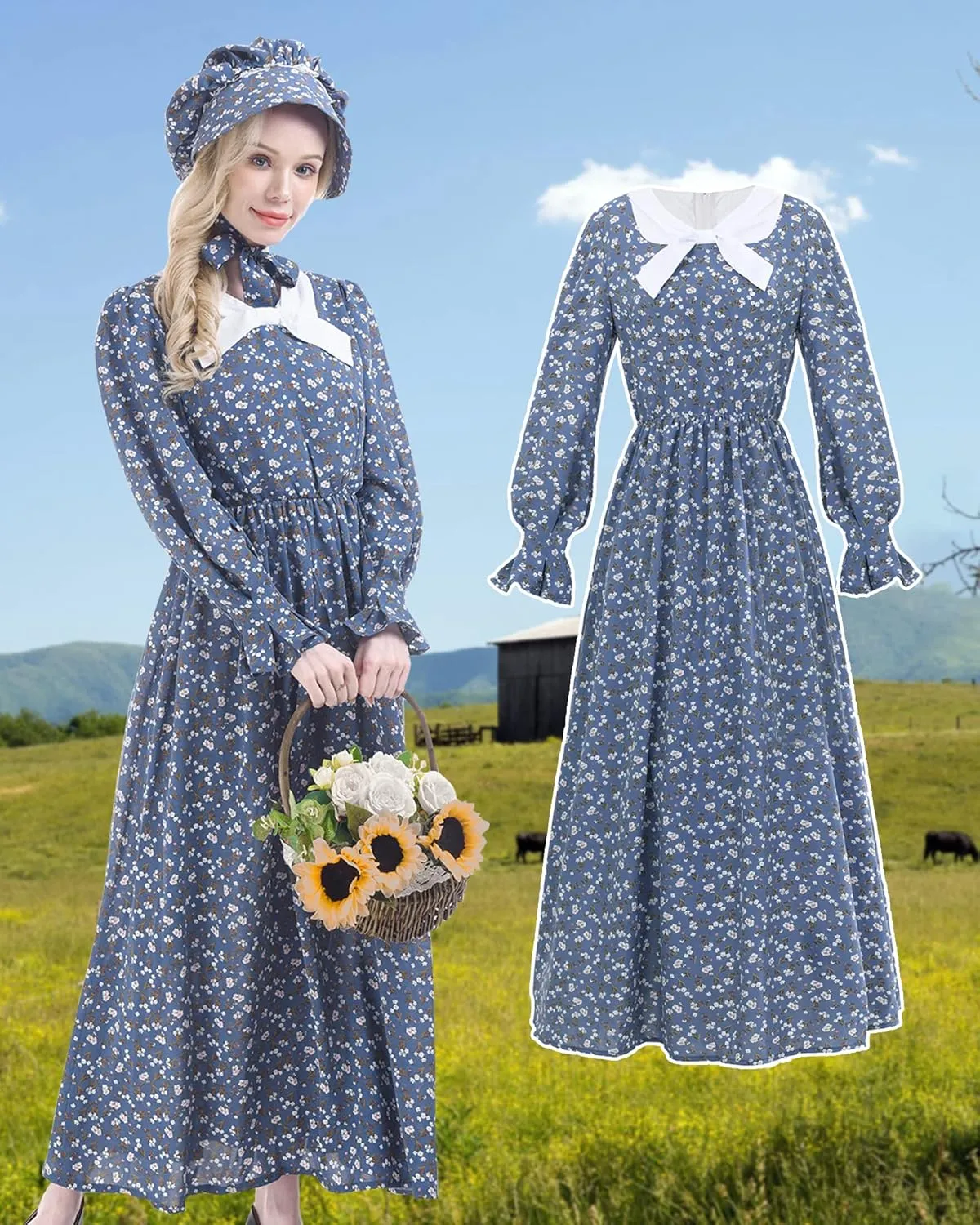 NSPSTT Prairie Dress Women Pioneer Dress Colonial Costume Women Amish Old Fashioned Floral Dresses