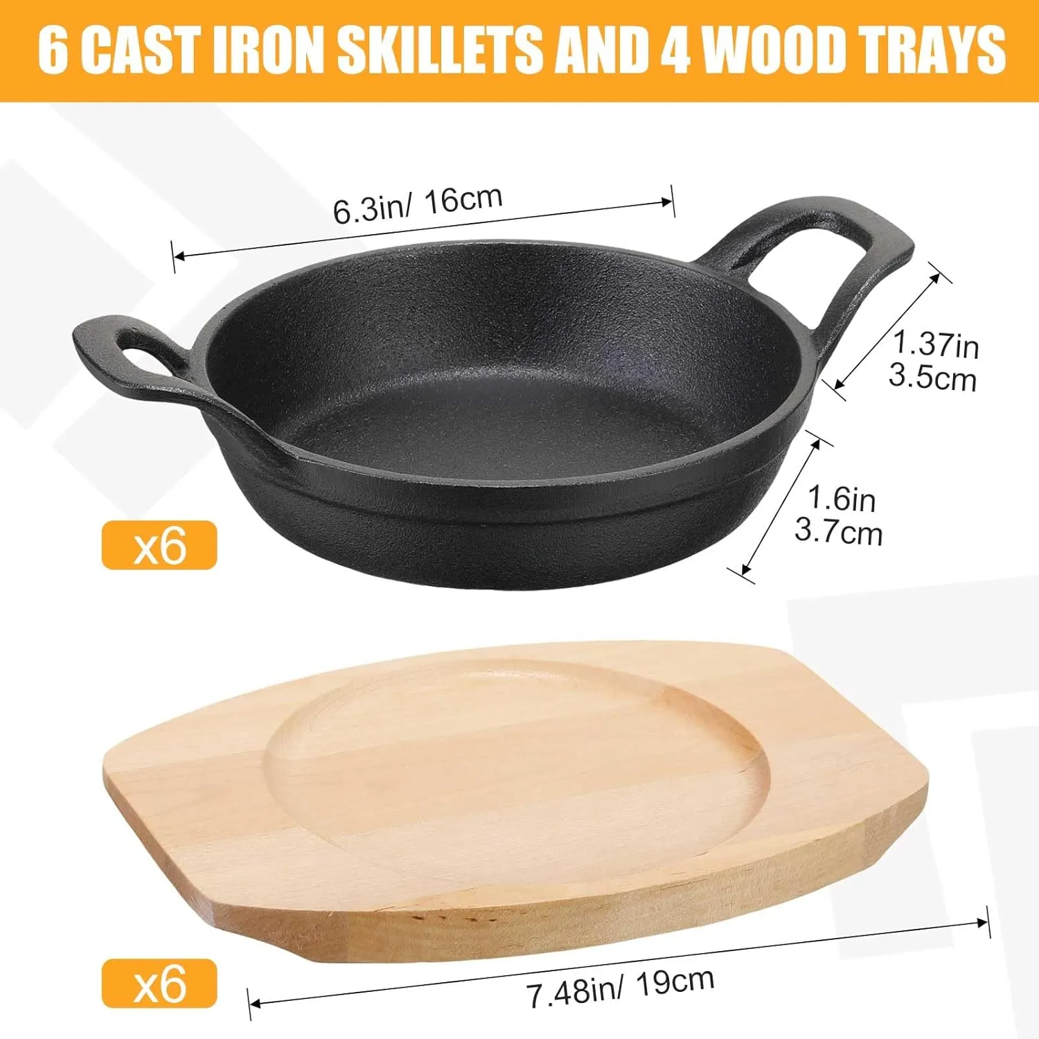 Nuogo 6 Sets Mini Cast Iron Skillet Mini Cast Iron Plates Skillet with Wooden Base Small Round Fajita Plate iron Pan Pot for Cooking Party(6.3 Inches)