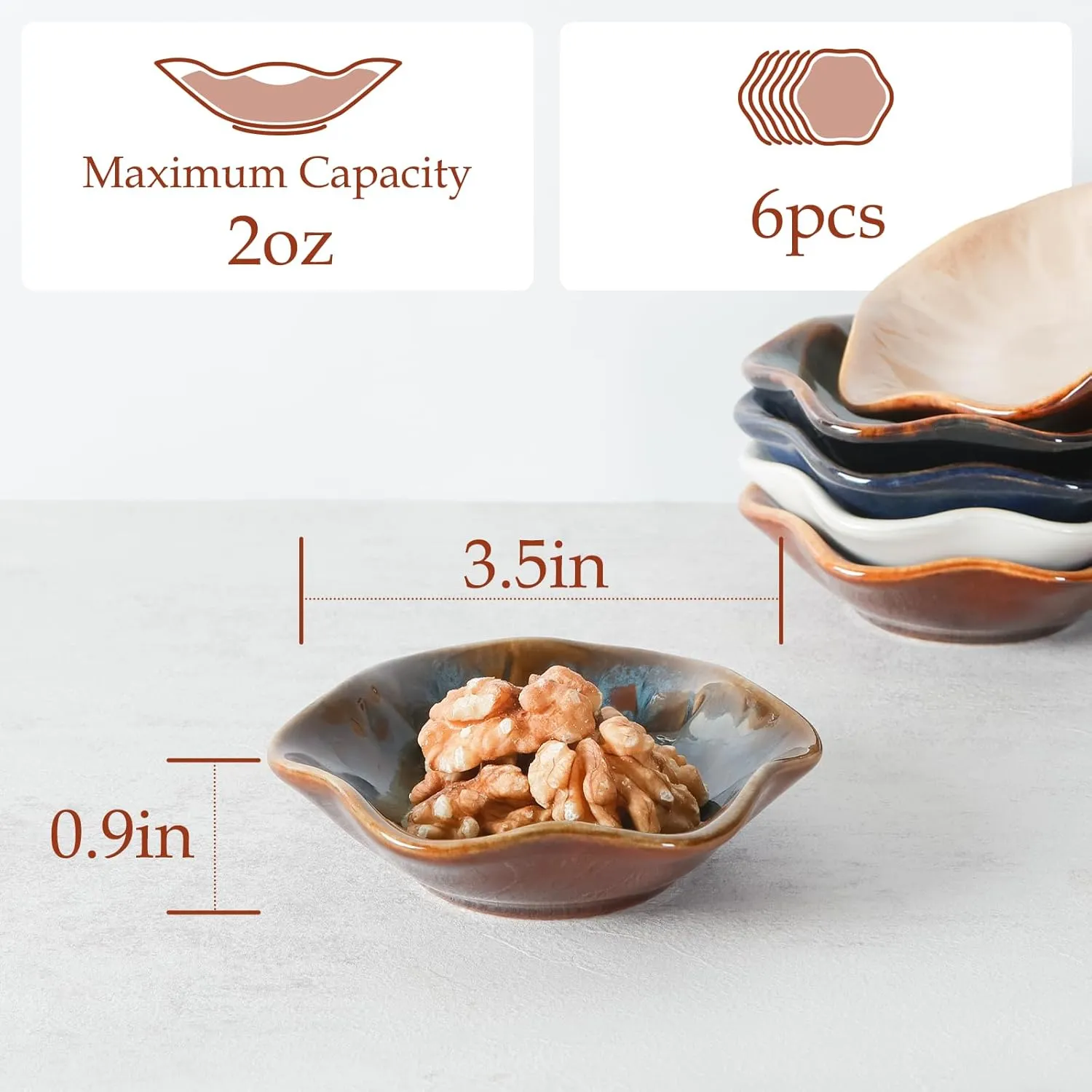 NUTRIUPS 3.5 inch Dipping Bowls Set of 6 Soy Sauce Dish 2 oz Ceramic Small Bowls for Side Dishes