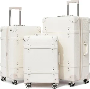 NZBZ Expandable Vintage Luggage Sets For Women Retro Luggage Set Handmade Vintage Suitcase Set with Leather Accents (Pearl White Quilted, 20inch & 24inch & 28inch)