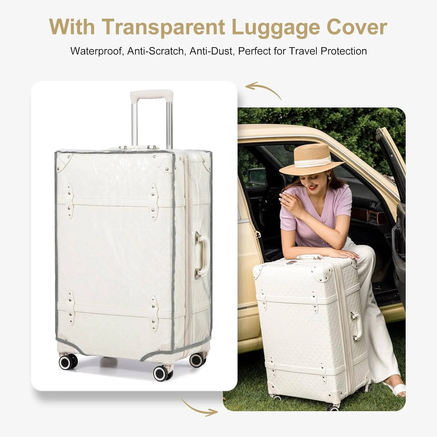 NZBZ Expandable Vintage Luggage Sets For Women Retro Luggage Set Handmade Vintage Suitcase Set with Leather Accents (Pearl White Quilted, 20inch & 24inch & 28inch)