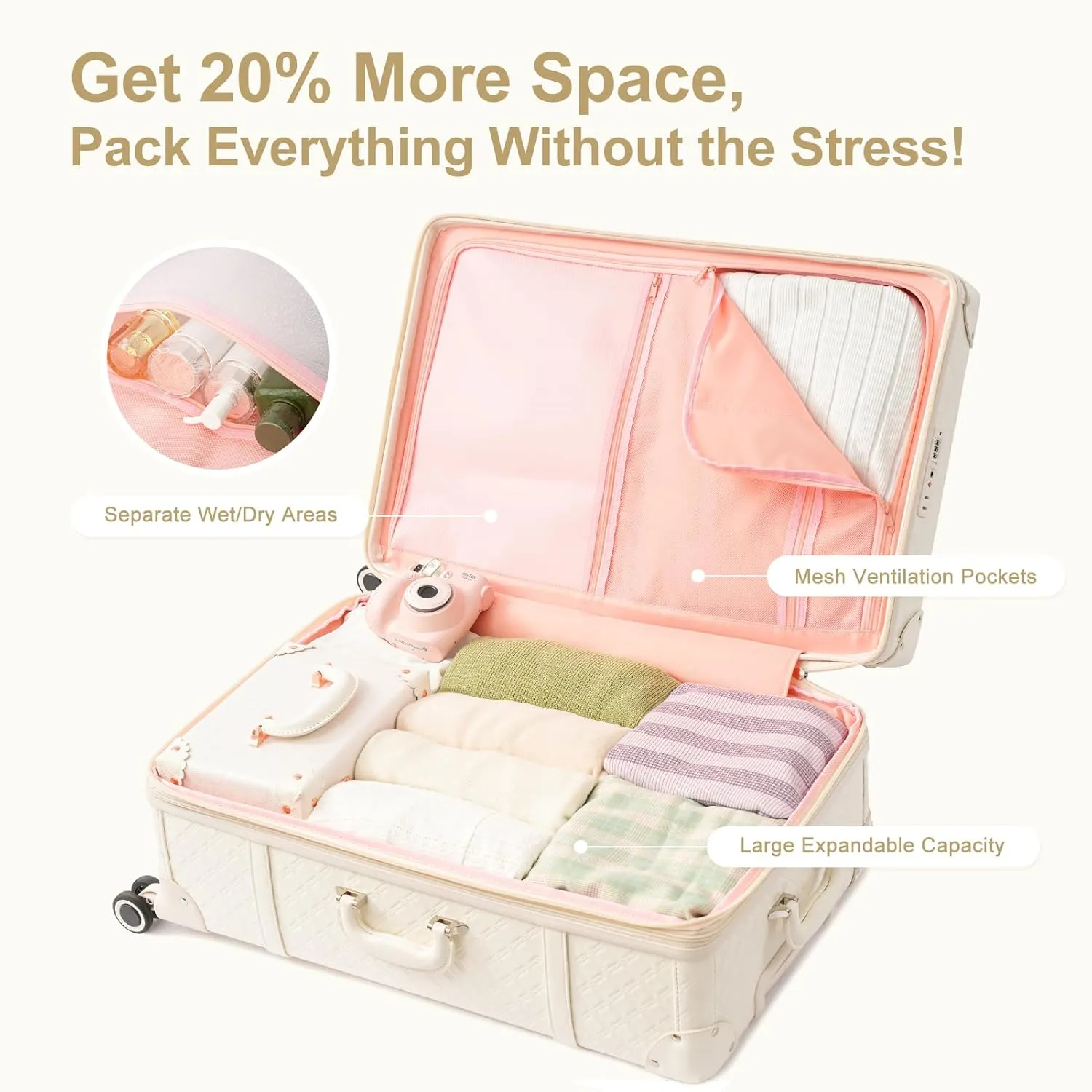 NZBZ Expandable Vintage Luggage Sets For Women Retro Luggage Set Handmade Vintage Suitcase Set with Leather Accents (Pearl White Quilted, 20inch & 24inch & 28inch)