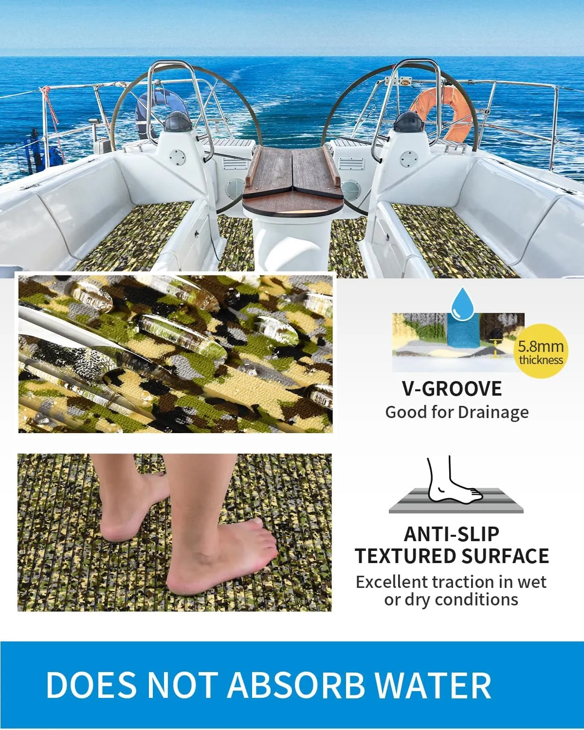 OCEANBROAD Camouflage Boat Flooring 96''x16''/23''/38''/47'' Strip Cut Grooves Self-Adhesive EVA Foam Sheet Non-Slip Traction Pad for Boats Decking Surfboard SUP Paddle Board Kayak