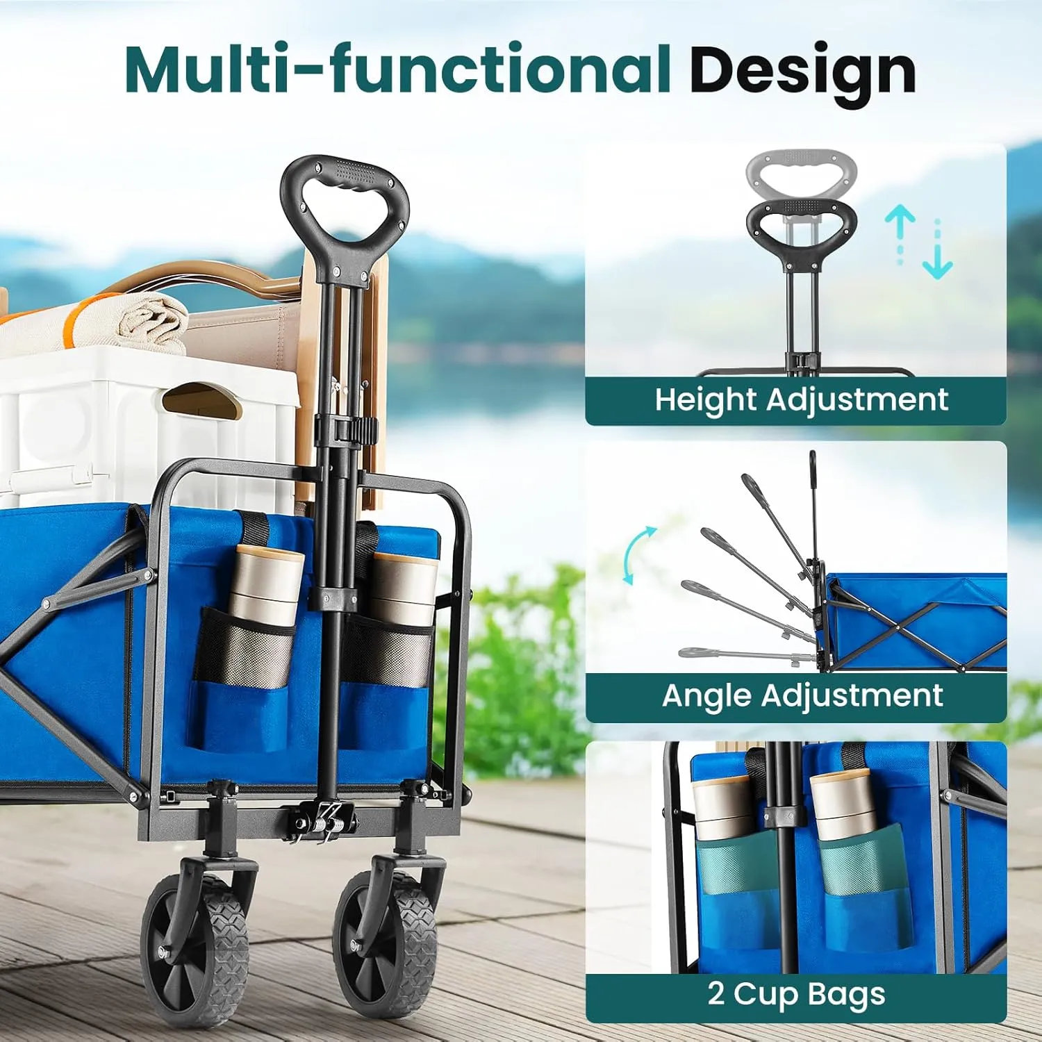 OLIXIS Heavy Duty Wagon Cart with Wheels Foldable,Large Collapsible Wagons Carts with All-Terrain Wheels,Smooth Maneuverability,Suitable for Gardening,Camping and Beach,Blue
