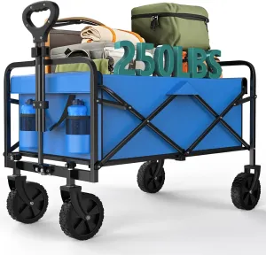 OLIXIS Heavy Duty Wagon Cart with Wheels Foldable,Large Collapsible Wagons Carts with All-Terrain Wheels,Smooth Maneuverability,Suitable for Gardening,Camping and Beach,Blue