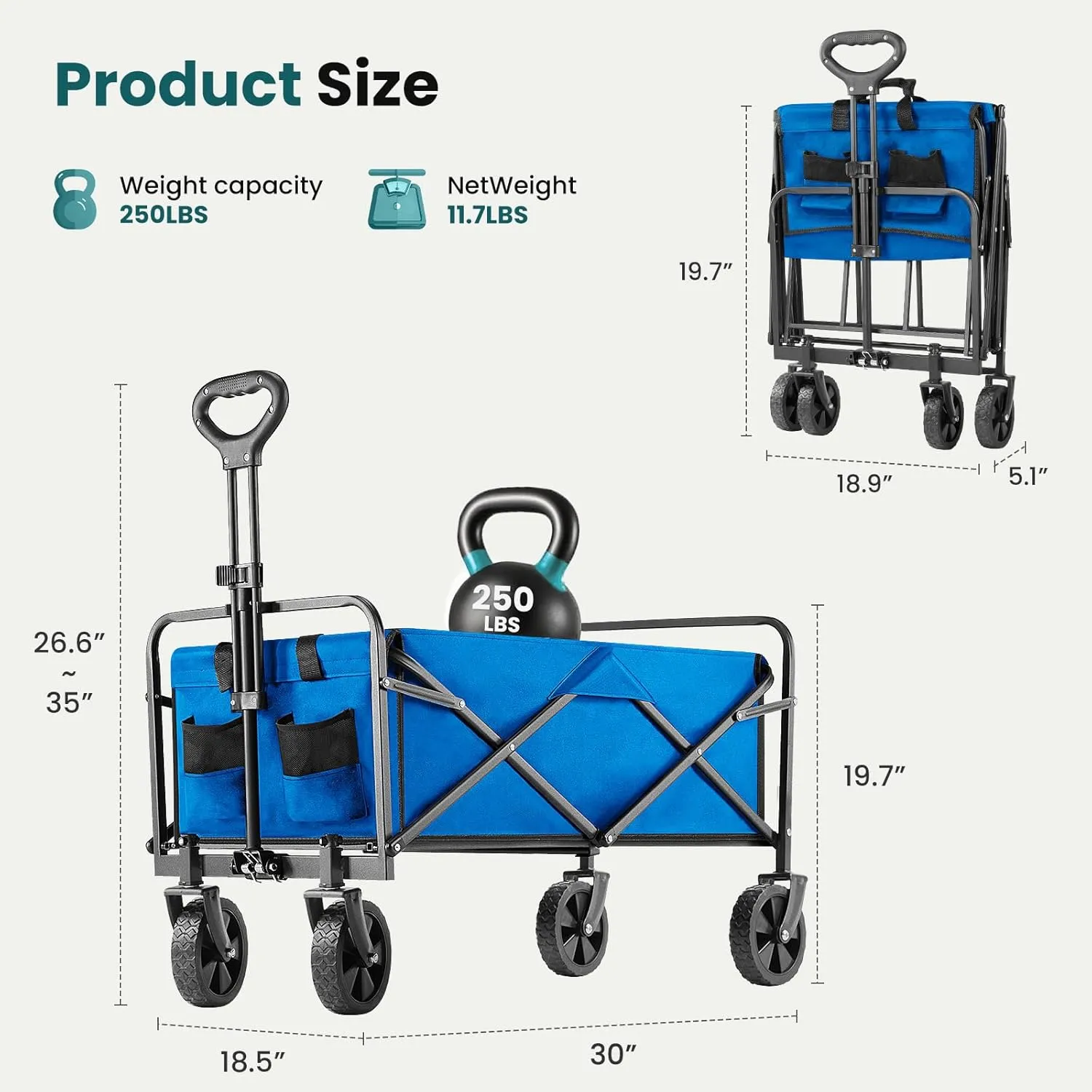 OLIXIS Heavy Duty Wagon Cart with Wheels Foldable,Large Collapsible Wagons Carts with All-Terrain Wheels,Smooth Maneuverability,Suitable for Gardening,Camping and Beach,Blue