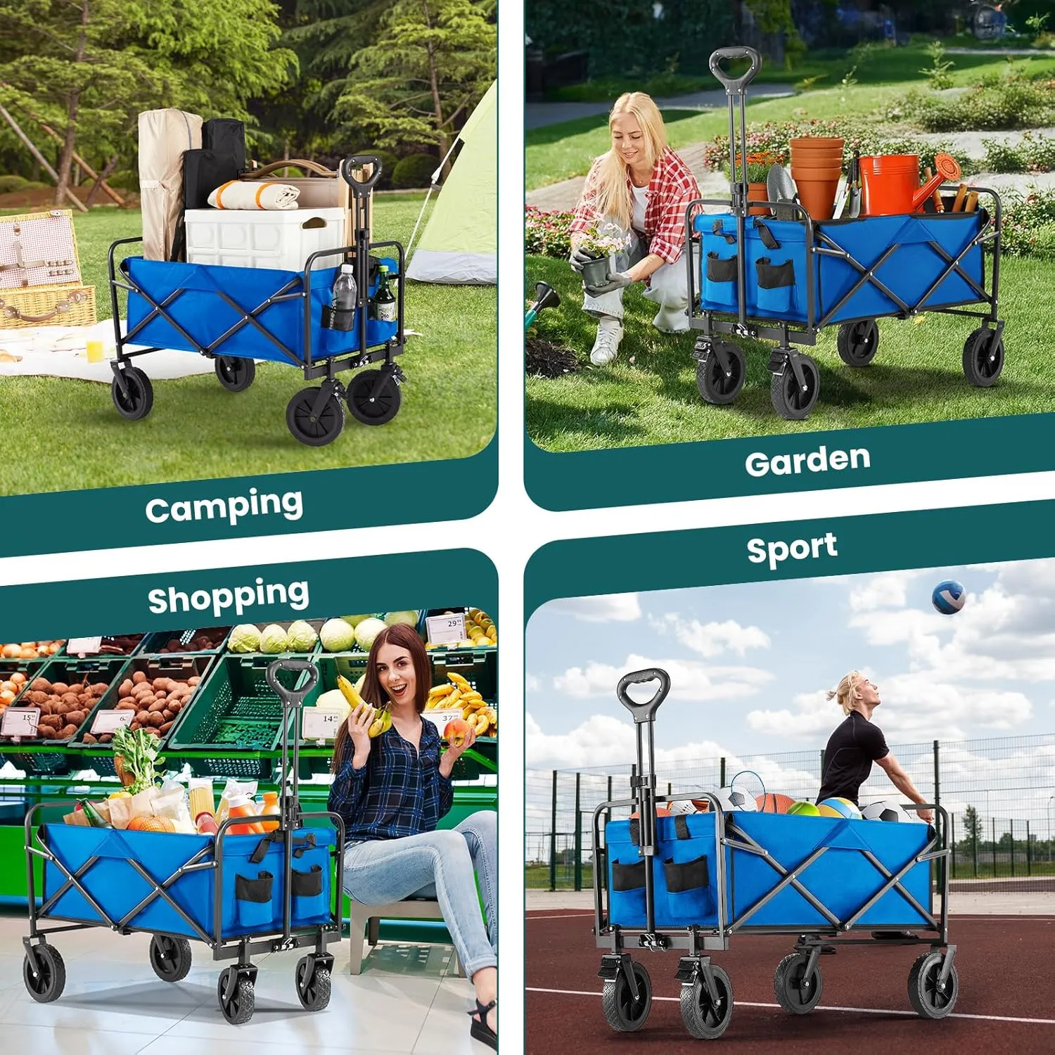 OLIXIS Heavy Duty Wagon Cart with Wheels Foldable,Large Collapsible Wagons Carts with All-Terrain Wheels,Smooth Maneuverability,Suitable for Gardening,Camping and Beach,Blue