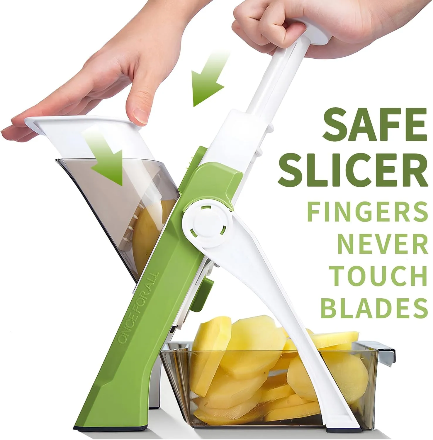 ONCE FOR ALL Safe Mandoline Slicer, Multi Vegetable Chopper, Potato Slicer for Kitchen, 4 Modes 100  Presets Adjustable Thickness, French Fry Cutter (5 in 1 Green)