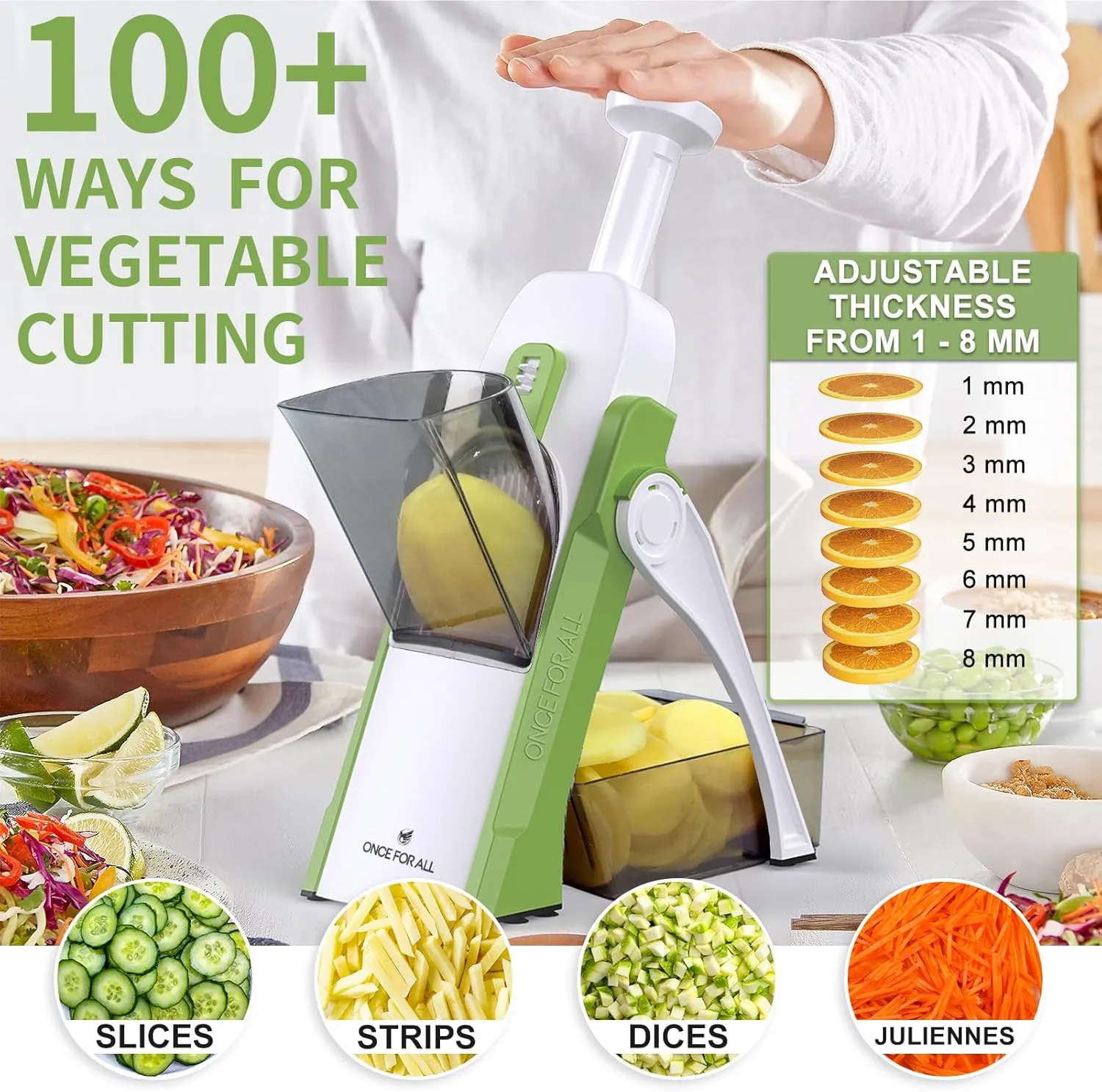 ONCE FOR ALL Safe Mandoline Slicer, Multi Vegetable Chopper, Potato Slicer for Kitchen, 4 Modes 100  Presets Adjustable Thickness, French Fry Cutter (5 in 1 Green)