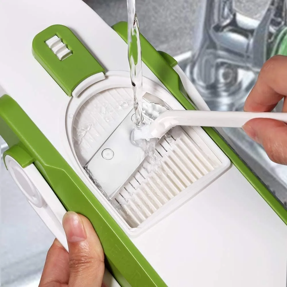 ONCE FOR ALL Safe Mandoline Slicer, Multi Vegetable Chopper, Potato Slicer for Kitchen, 4 Modes 100  Presets Adjustable Thickness, French Fry Cutter (5 in 1 Green)