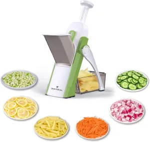 ONCE FOR ALL Safe Mandoline Slicer, Multi Vegetable Chopper, Potato Slicer for Kitchen, 4 Modes 100  Presets Adjustable Thickness, French Fry Cutter (5 in 1 Green)
