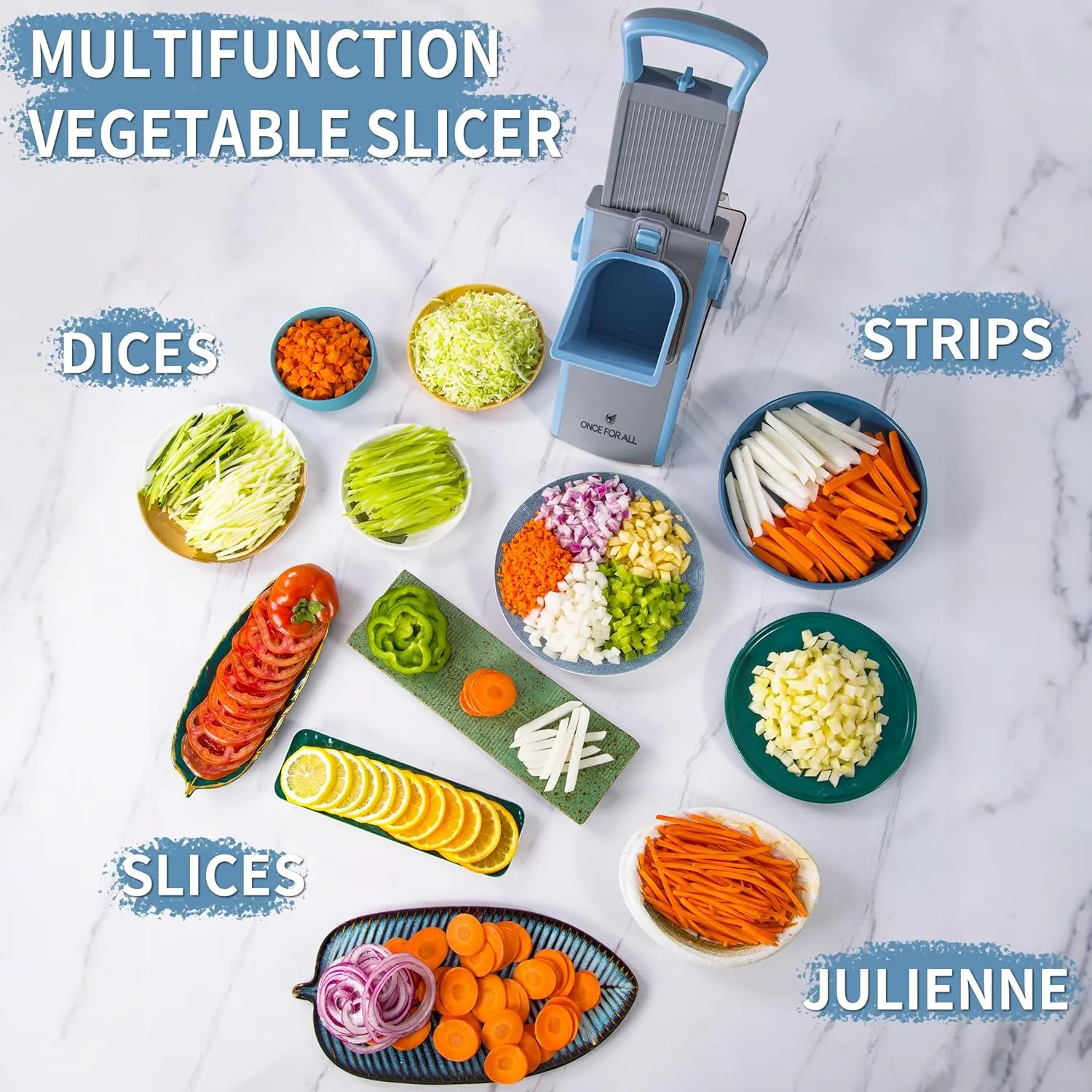 ONCE FOR ALL Upgrade Safe Mandoline Slicer Plus, Biger Size, Adjustable Vegetable Food Chopper Potato Fries Cutter, Detachable Blade, Kitchen Chopping Artifact, Gift (SkyBlue)