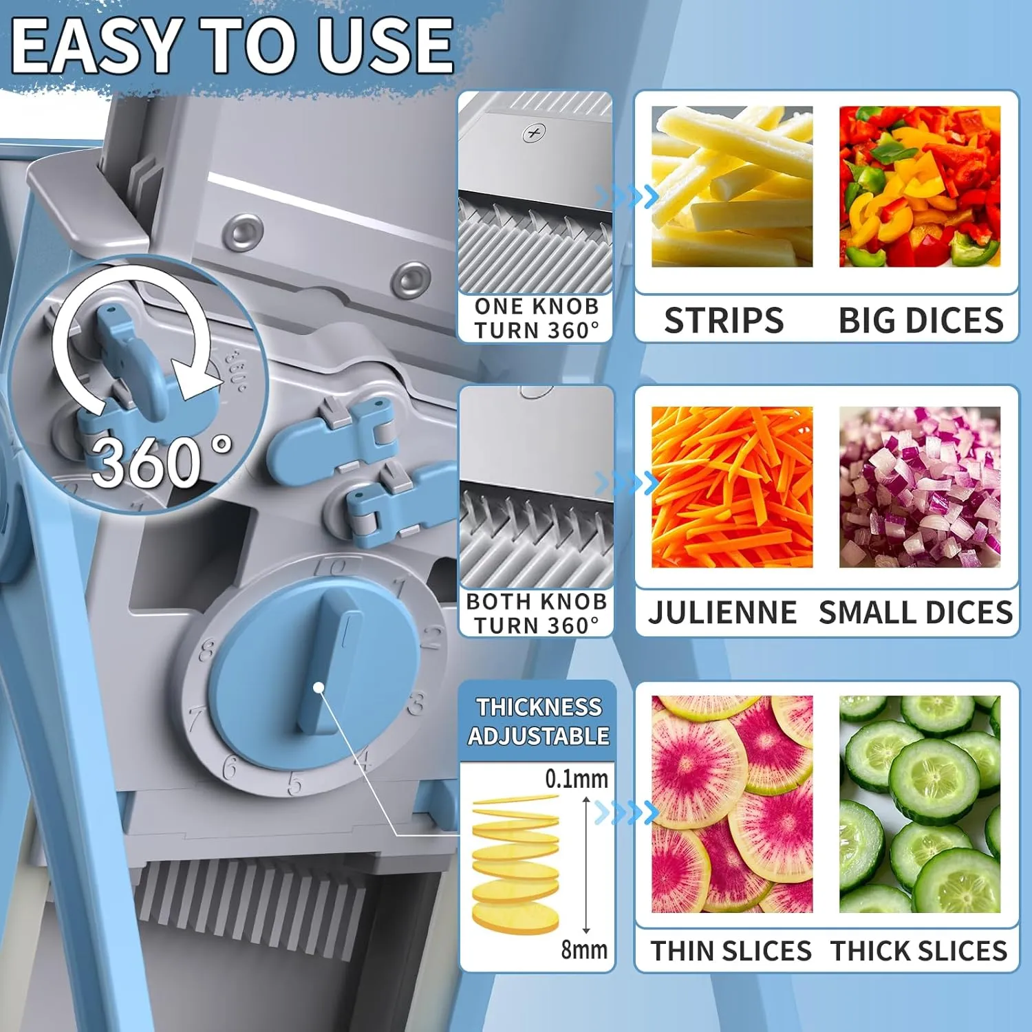 ONCE FOR ALL Upgrade Safe Mandoline Slicer Plus, Biger Size, Adjustable Vegetable Food Chopper Potato Fries Cutter, Detachable Blade, Kitchen Chopping Artifact, Gift (SkyBlue)