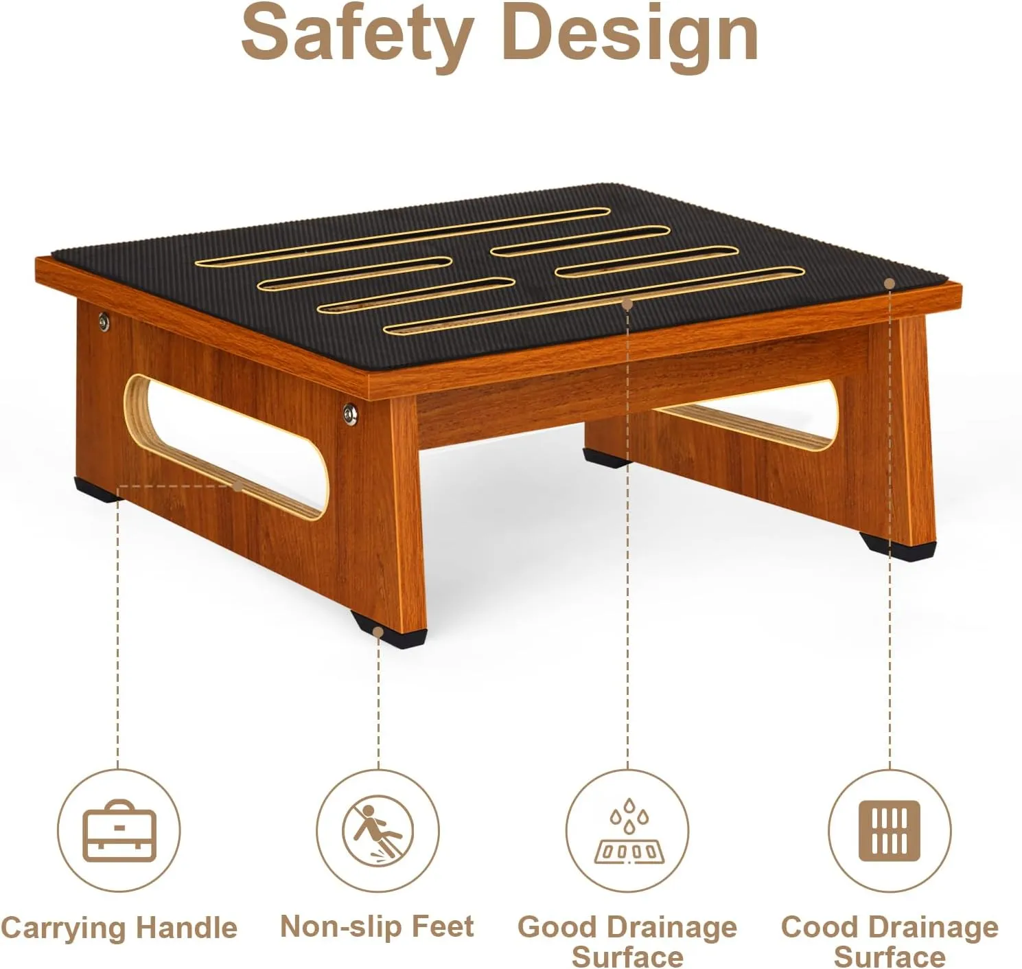 One Step Stool for Adults Seniors with Non-Slip Rubber Stepping Surface, Portable Single Wooden Riser, 450 LBS Capacity for Bedroom Kitchen Bathroom, or Bedside, Senior Support (Brown)