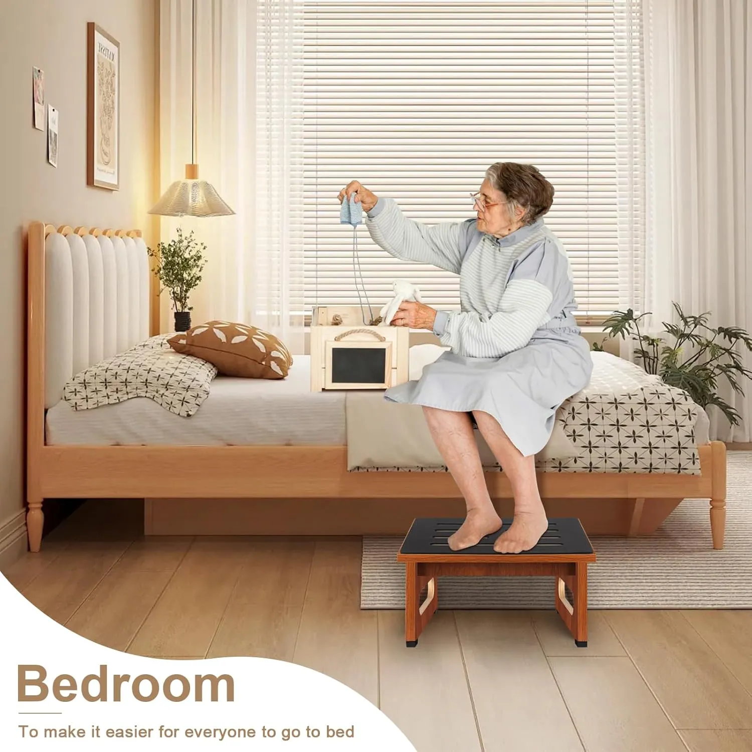 One Step Stool for Adults Seniors with Non-Slip Rubber Stepping Surface, Portable Single Wooden Riser, 450 LBS Capacity for Bedroom Kitchen Bathroom, or Bedside, Senior Support (Brown)