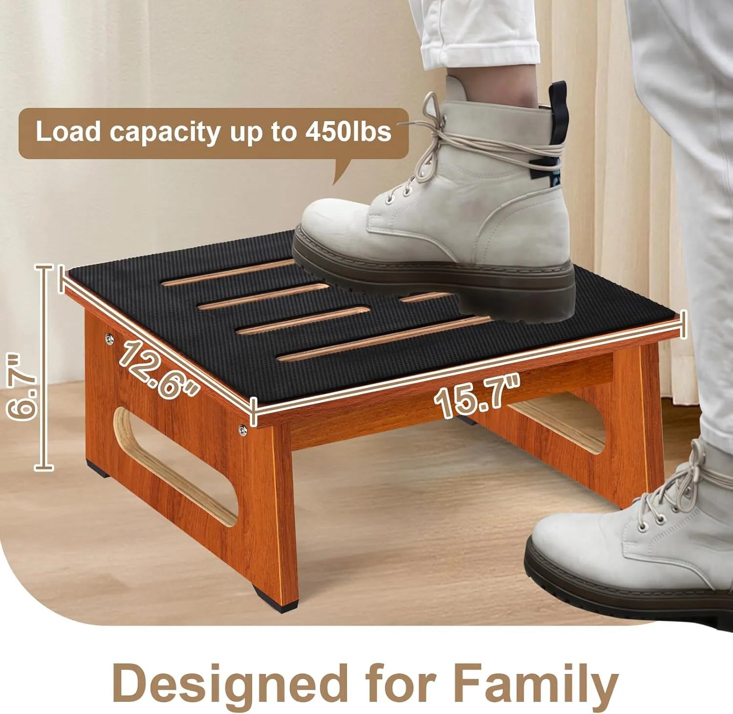 One Step Stool for Adults Seniors with Non-Slip Rubber Stepping Surface, Portable Single Wooden Riser, 450 LBS Capacity for Bedroom Kitchen Bathroom, or Bedside, Senior Support (Brown)