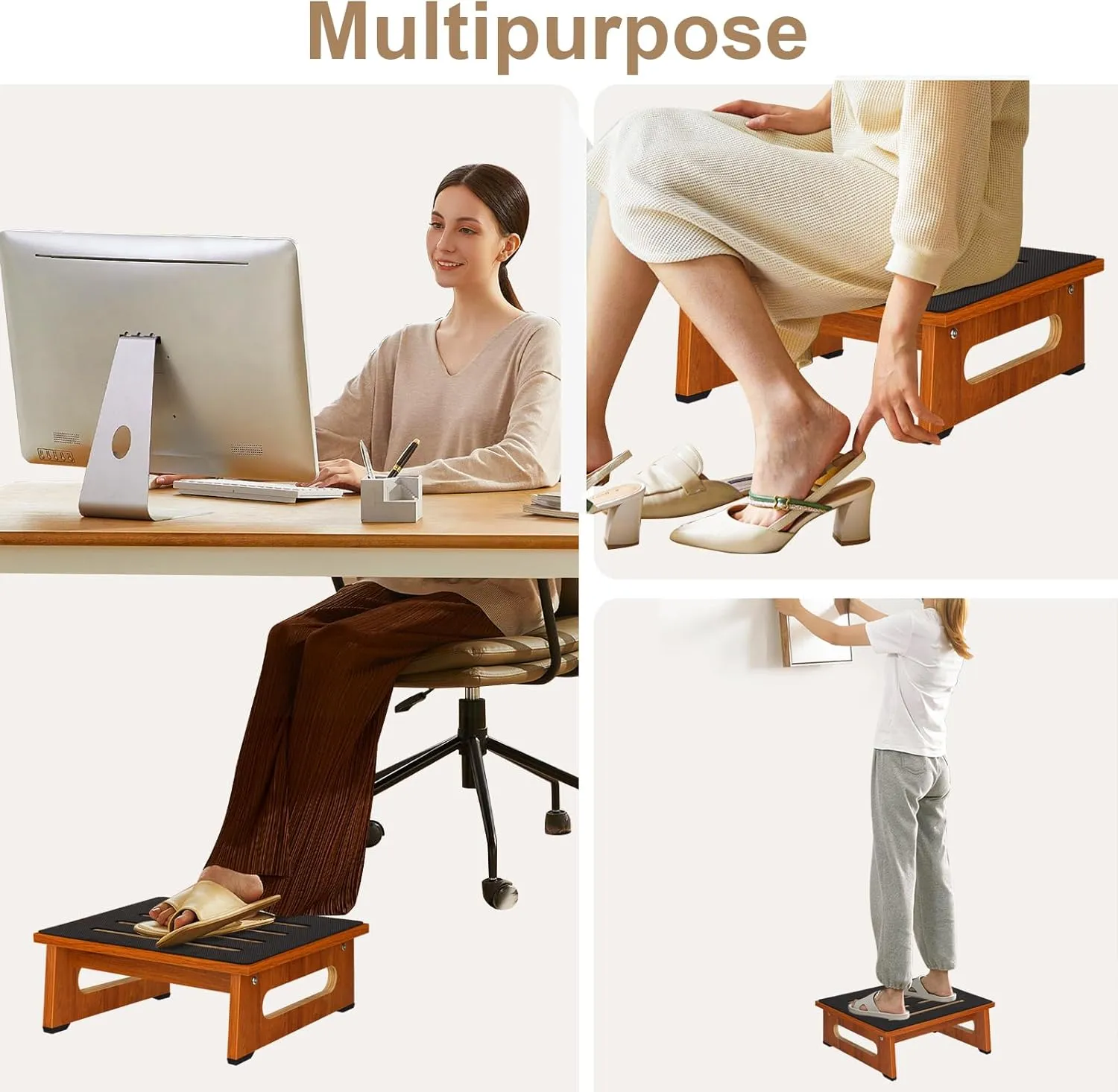 One Step Stool for Adults Seniors with Non-Slip Rubber Stepping Surface, Portable Single Wooden Riser, 450 LBS Capacity for Bedroom Kitchen Bathroom, or Bedside, Senior Support (Brown)