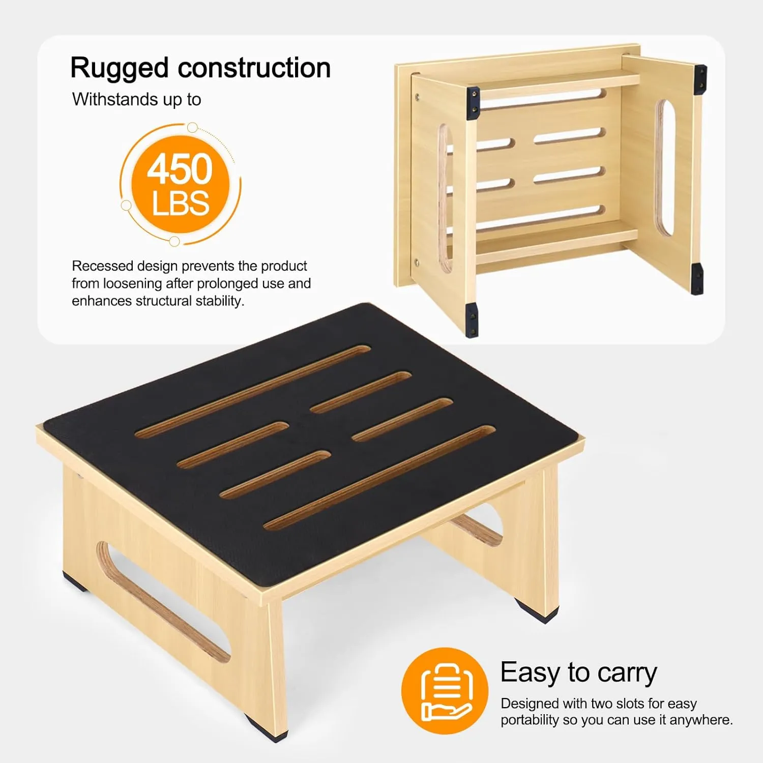 One Step Stool with Non-Slip Rubber Stepping Feet, Heavy Duty Wooden Step Stools, 450 LB Portable Bed Steps for High Beds for Bathroom, Bedroom, Kitchen & Bedside Support