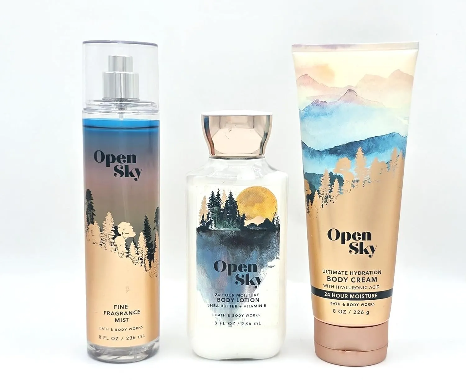 Open Sky Fragrance Bath & Body 3 pc- Bundle Set,Pine Fragrance Mist 8 fl oz, Body Lotion 8 fl oz, Body Cream 8 oz